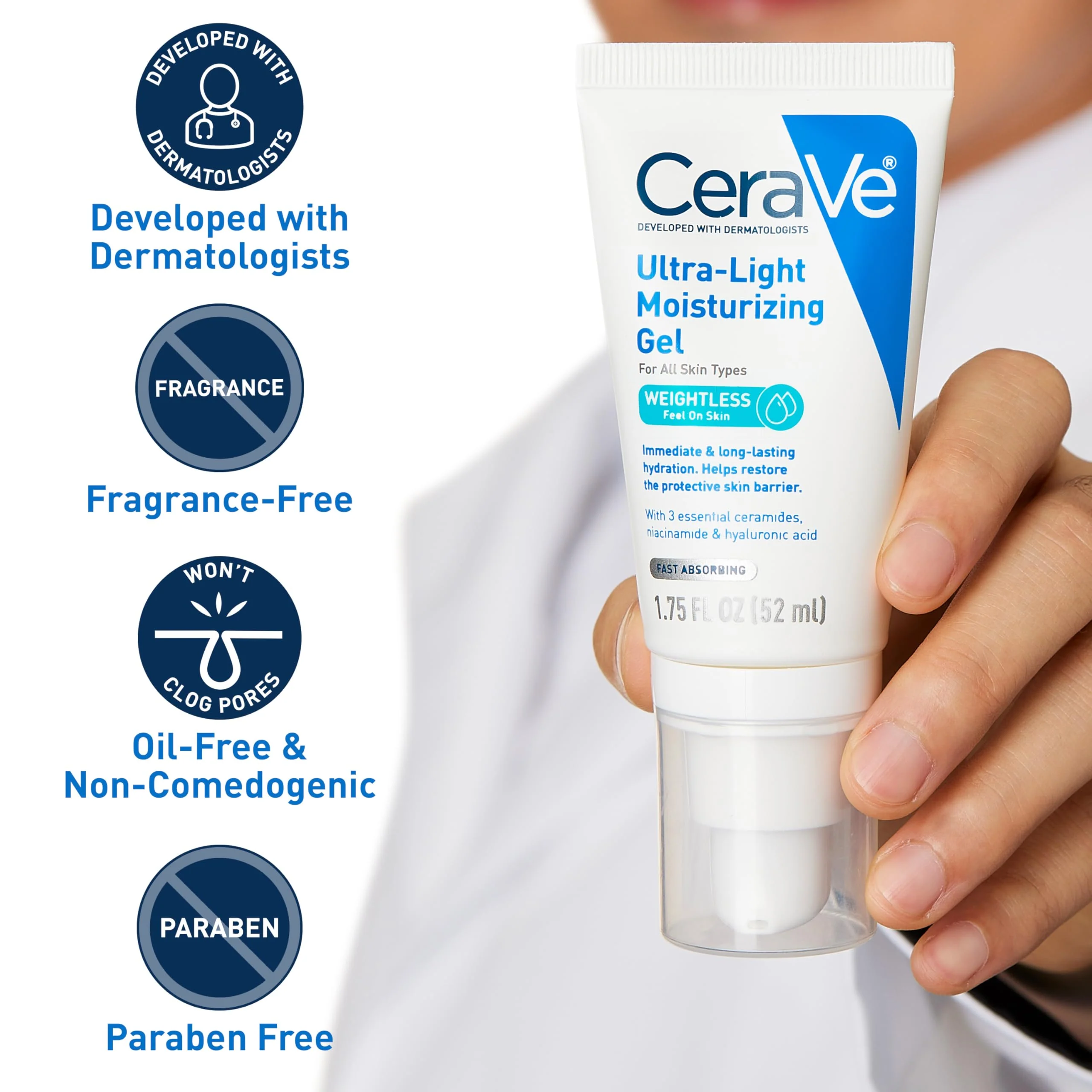 CeraVe Ultra-Light Moisturizing Gel, Hydrating Gel Face Moisturizer For Men & For Women with Ceramides, Niacinamide, Hyaluronic Acid, Fragrance Free, Oil-Free, Mattifying Moisturizer, 1.75 FL Oz - Image 6