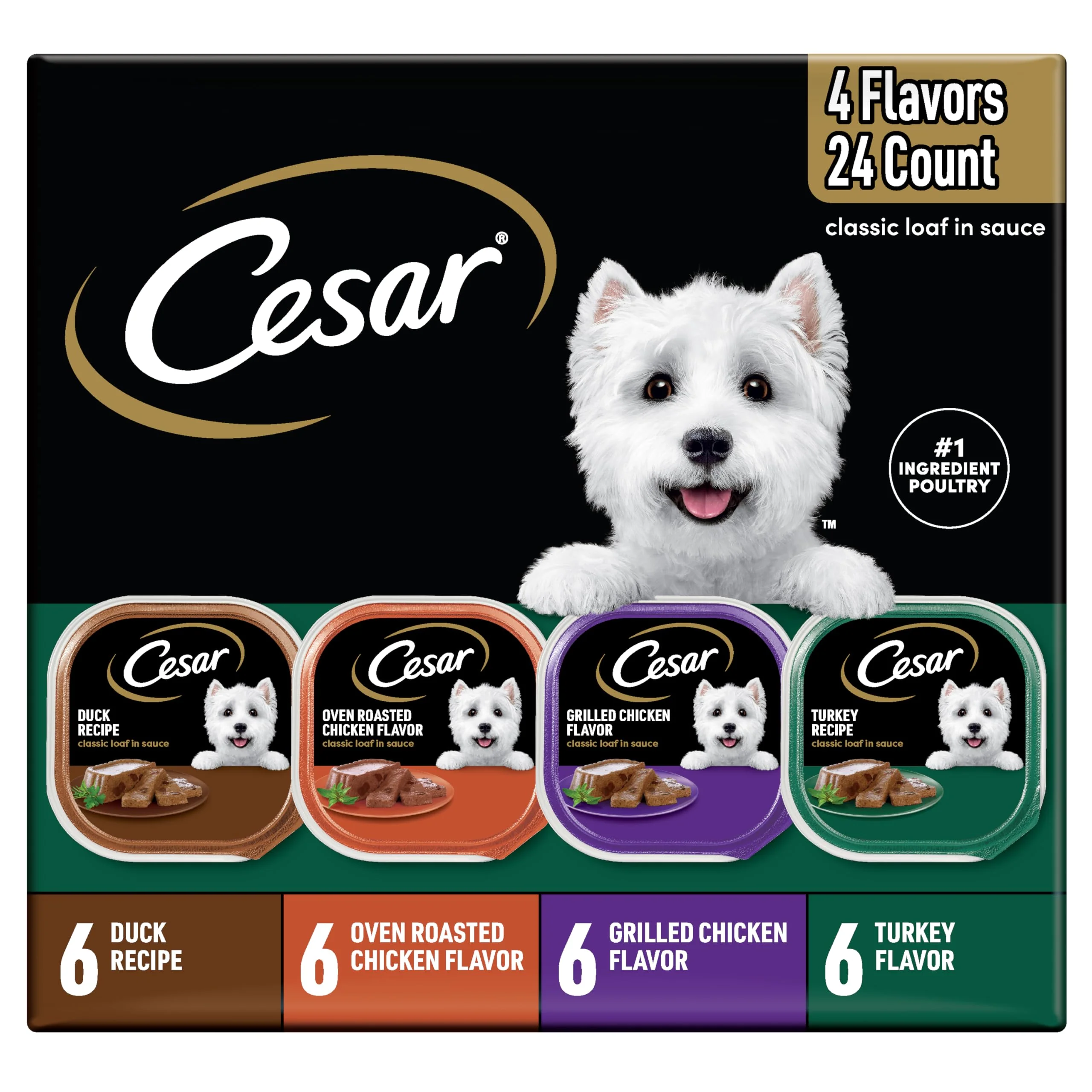 Cesar Wet Dog Food Classic Loaf in Sauce, Duck Recipe, Oven Roasted Chicken Flavor, Grilled Chicken Flavor, and Turkey Flavor, 3.5 oz. Easy Peel Trays, Variety Pack, 24 Count