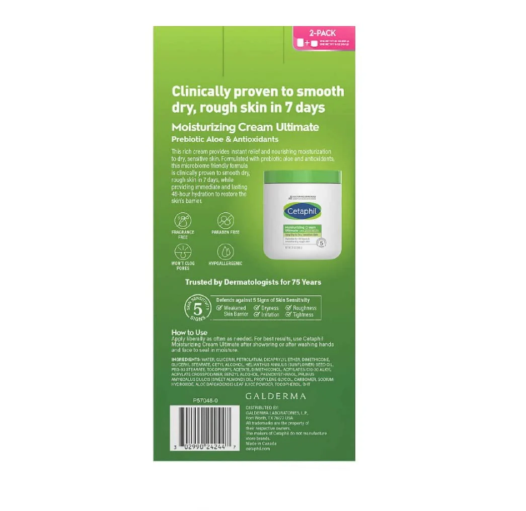 Cetaphil Moisturizing Cream Ultimate with Prebiotic Aloe, Very Dry to Dry Sensitive Skin, 2 Pack - 20 Ounce and 16 Ounce - Image 5