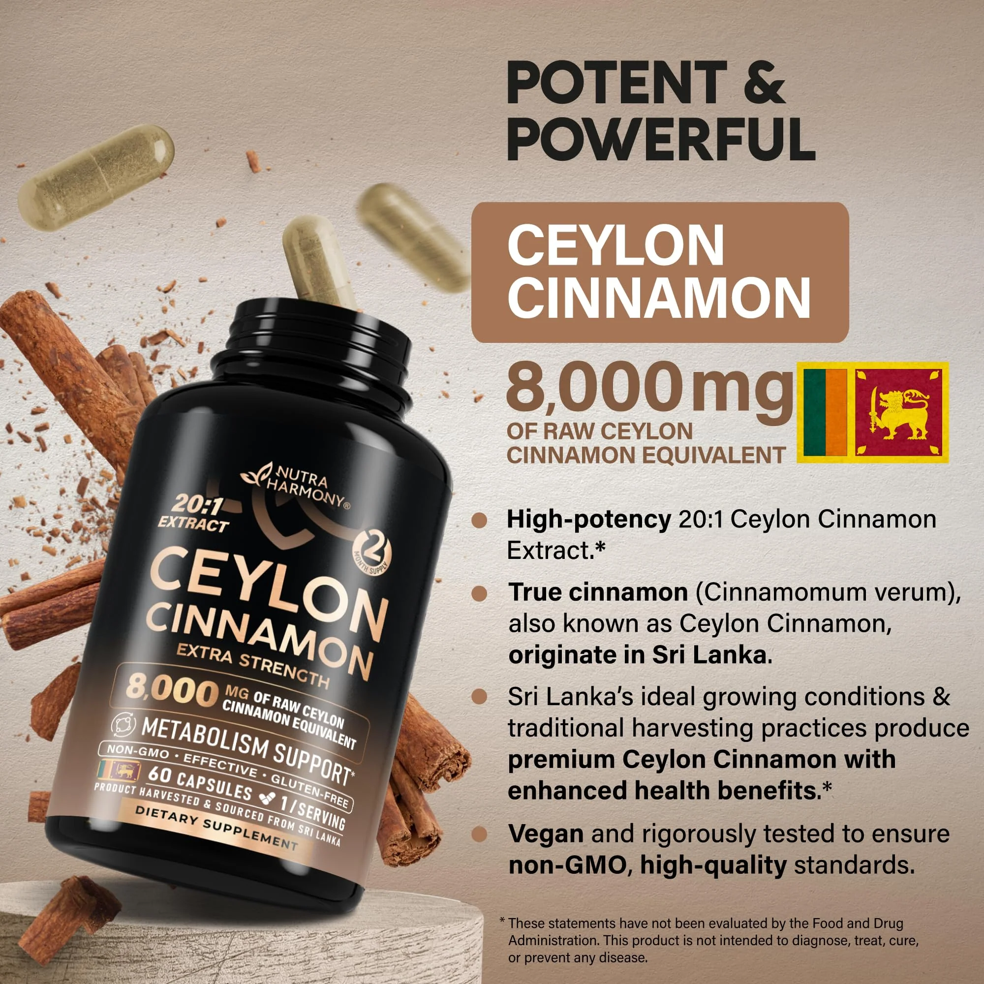 Ceylon Cinnamon Capsules - Extra Strength - Energy Heart & Metabolism Support for Men & Women - Pure Natural Cinnamon 20:1 Extract Supplement - GMO & Gluten Free - Made in USA - 60 Capsules 2 Month - Image 7