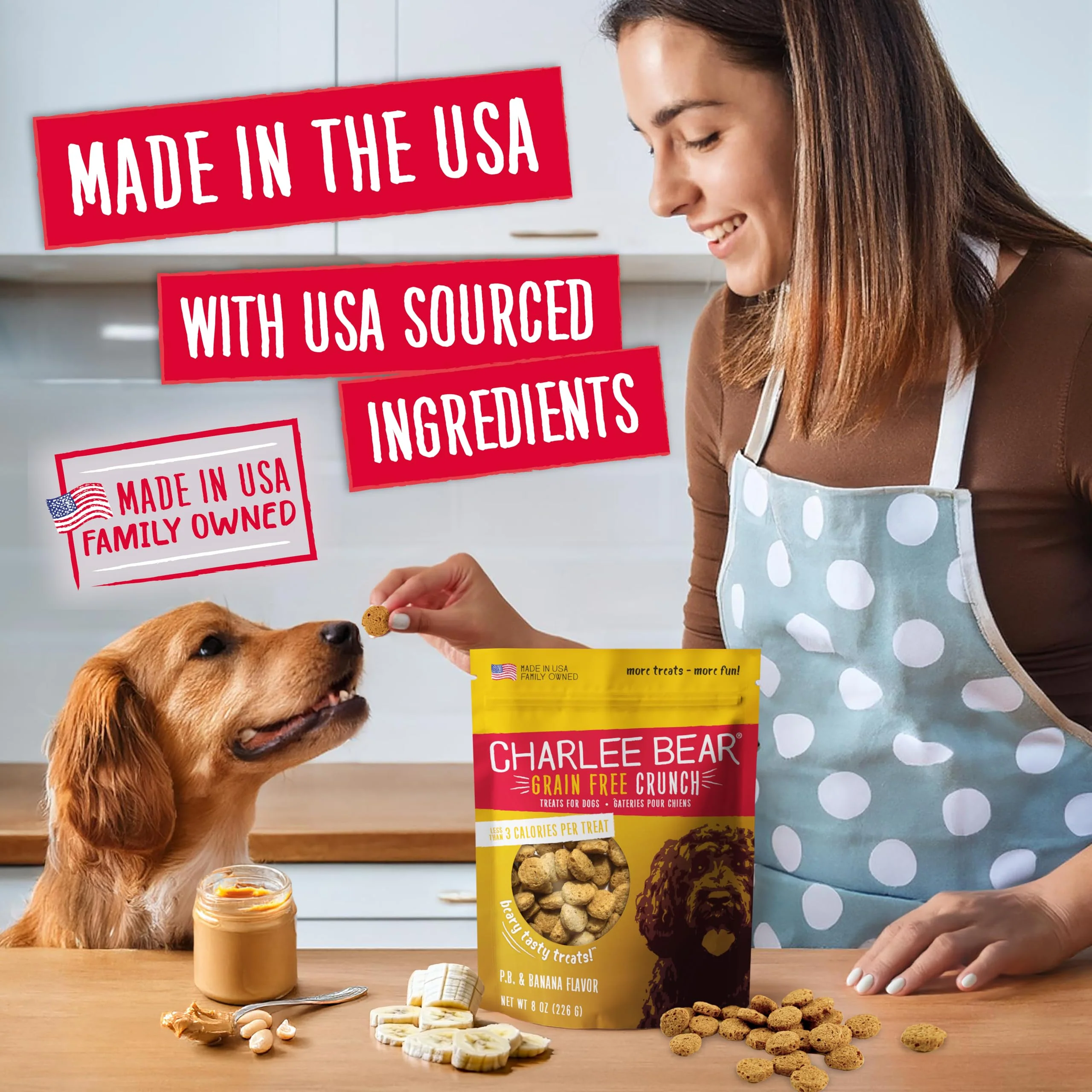 Charlee Bear Crunch Grain Free Dog Treats, Peanut Butter and Banana, 8 Ounce Resealable Bag, Low Calorie Training Treats for Dogs, Limited Ingredient, Healthy, Crunchy Dog Snacks, Made in USA - Image 6