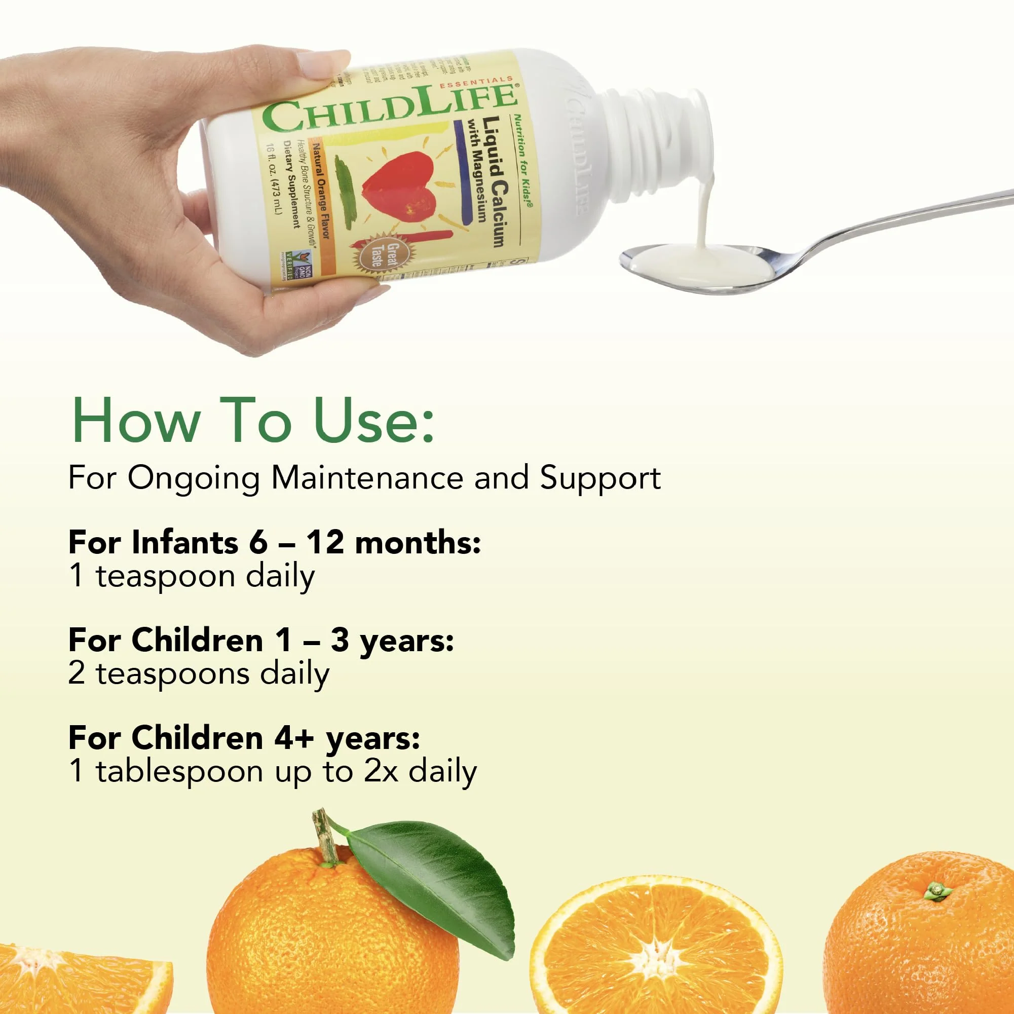 CHILDLIFE ESSENTIALS Liquid Calcium Supplement for Kids - Baby Calcium with Magnesium, Zinc, and Vitamin D3 - Orange Flavor, 16 fl oz (1 Pack) - Image 2