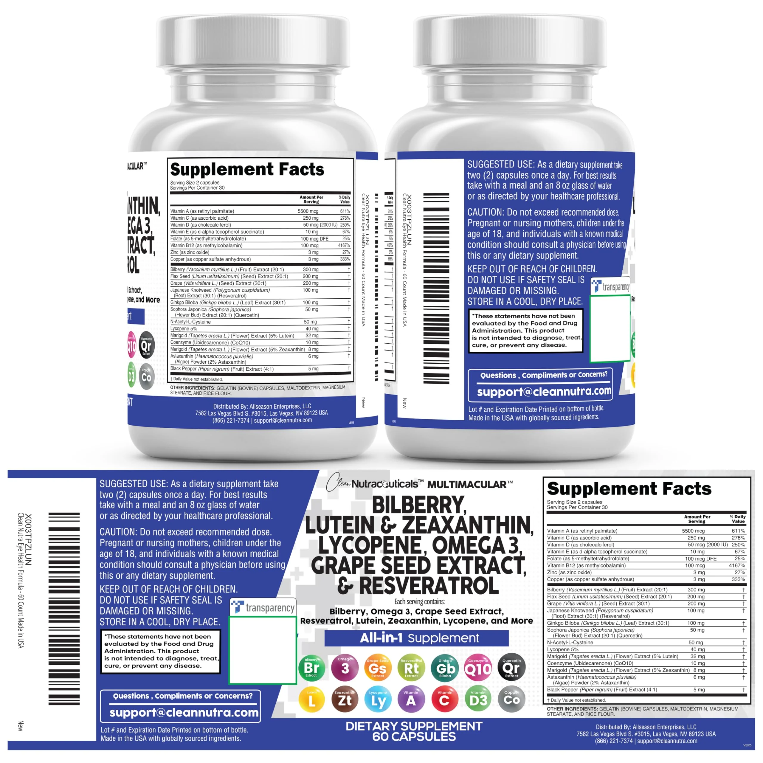 Clean Nutra Eye Vitamins with Bilberry Lutein and Zeaxanthin Supplements Lycopene 40mg Resveratrol Grape Seed Astaxanthin for Eyes - Eye Care Health Support Eye Vitamin and Mineral Supplement - Image 2