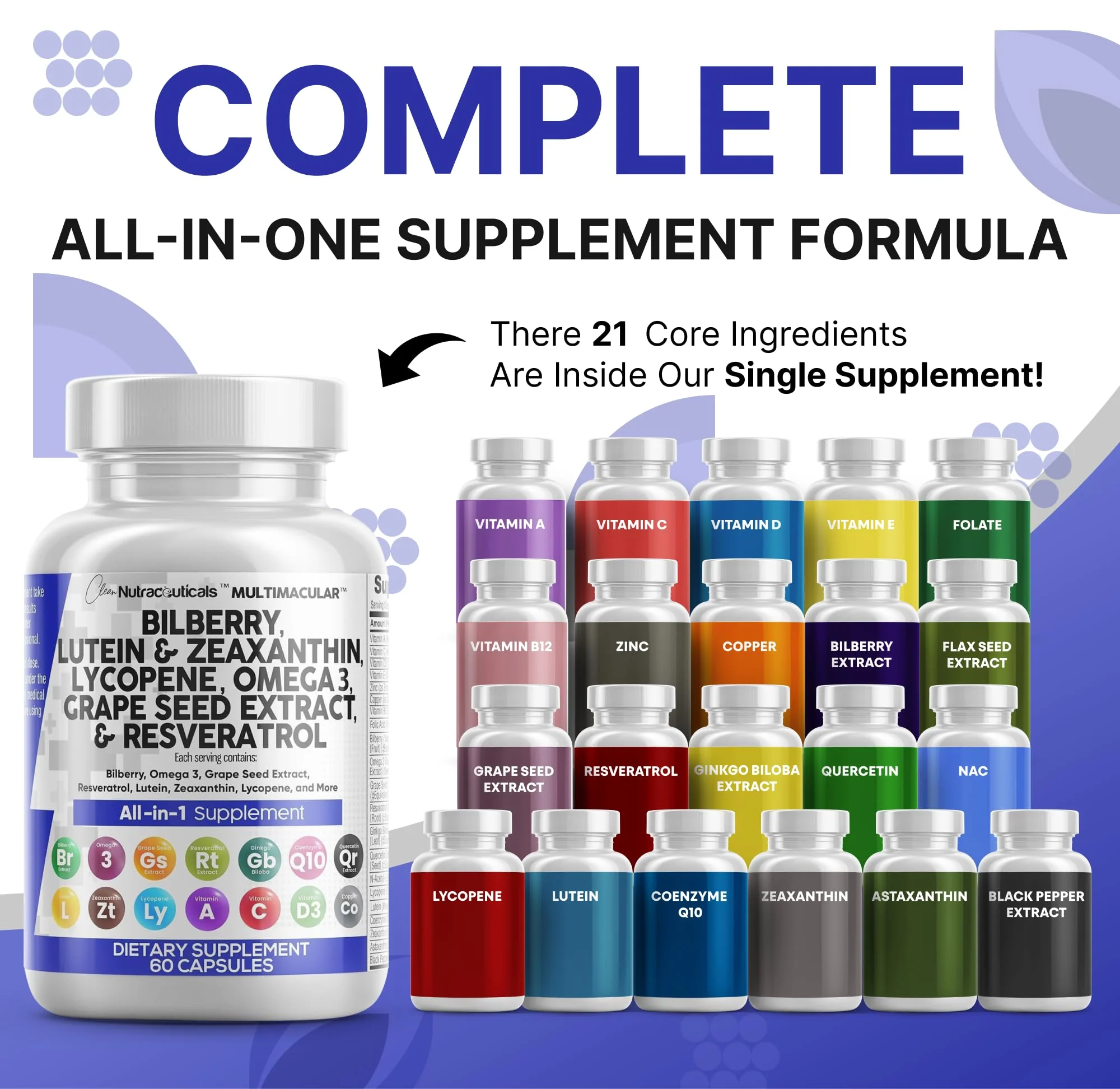 Clean Nutra Eye Vitamins with Bilberry Lutein and Zeaxanthin Supplements Lycopene 40mg Resveratrol Grape Seed Astaxanthin for Eyes - Eye Care Health Support Eye Vitamin and Mineral Supplement - Image 8
