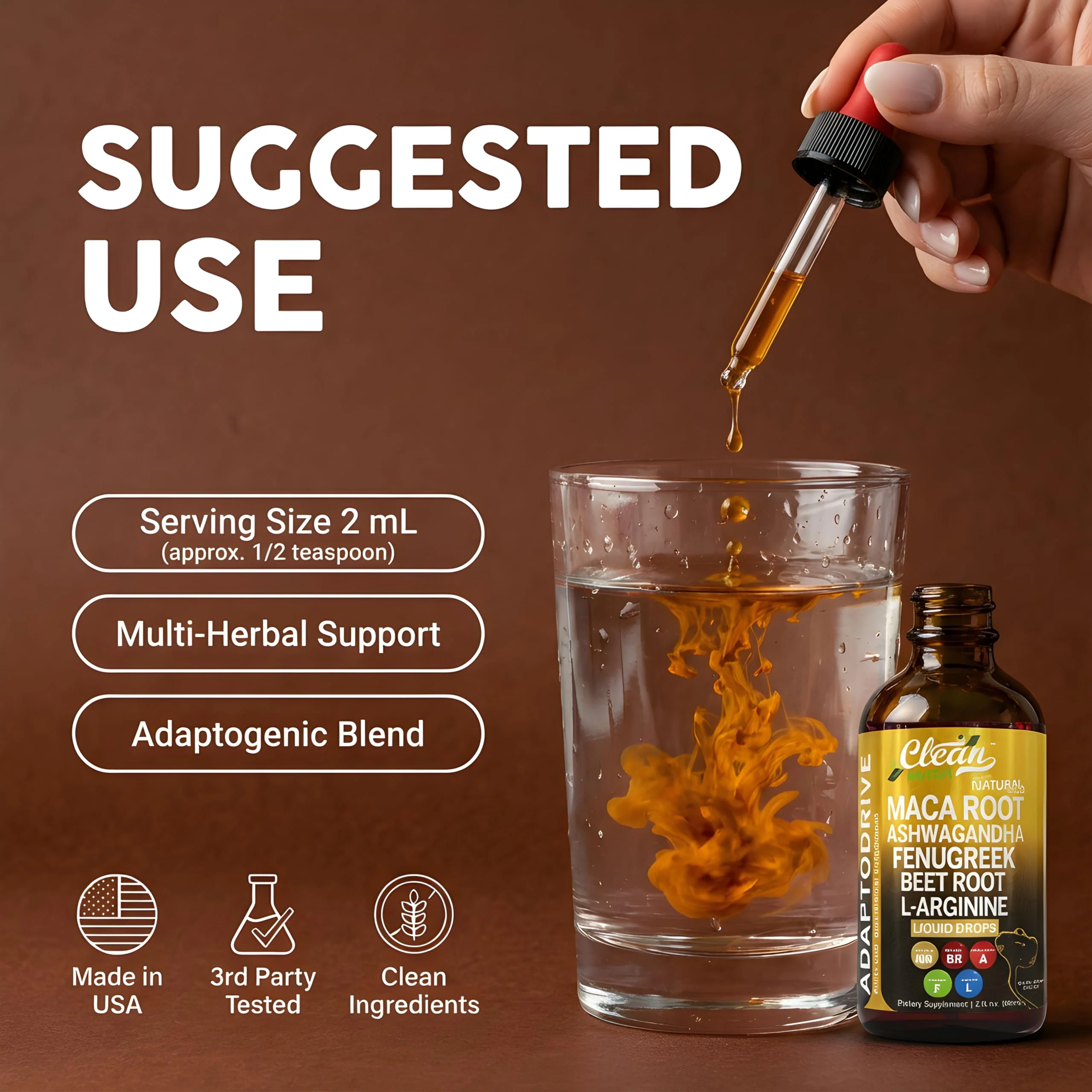 Clean Nutra Organic Maca Root Liquid Drops with Ashwagandha, Fenugreek, Beet Root and L-Arginine Liquid Multivitamin for Women and Men - Adapto Drive - Image 5