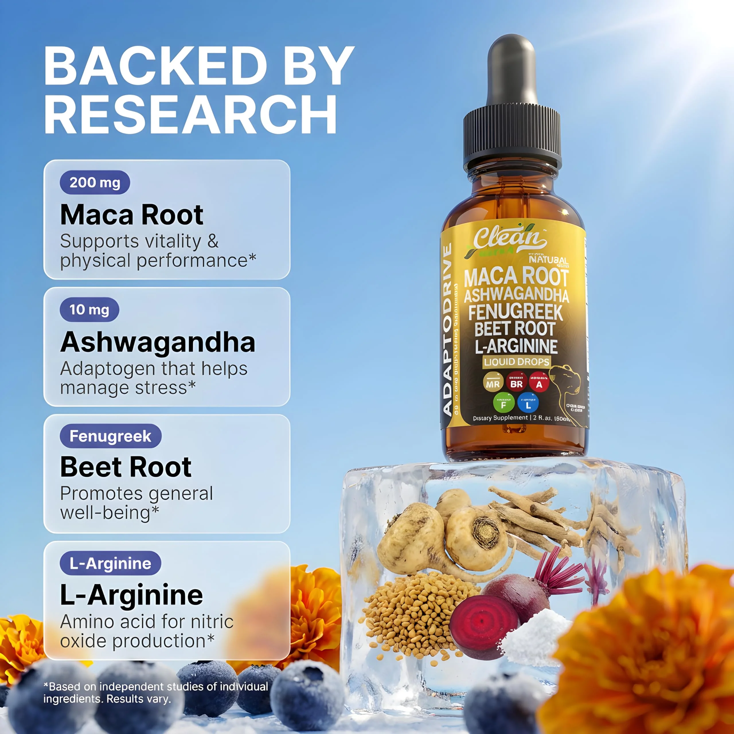 Clean Nutra Organic Maca Root Liquid Drops with Ashwagandha, Fenugreek, Beet Root and L-Arginine Liquid Multivitamin for Women and Men - Adapto Drive - Image 8