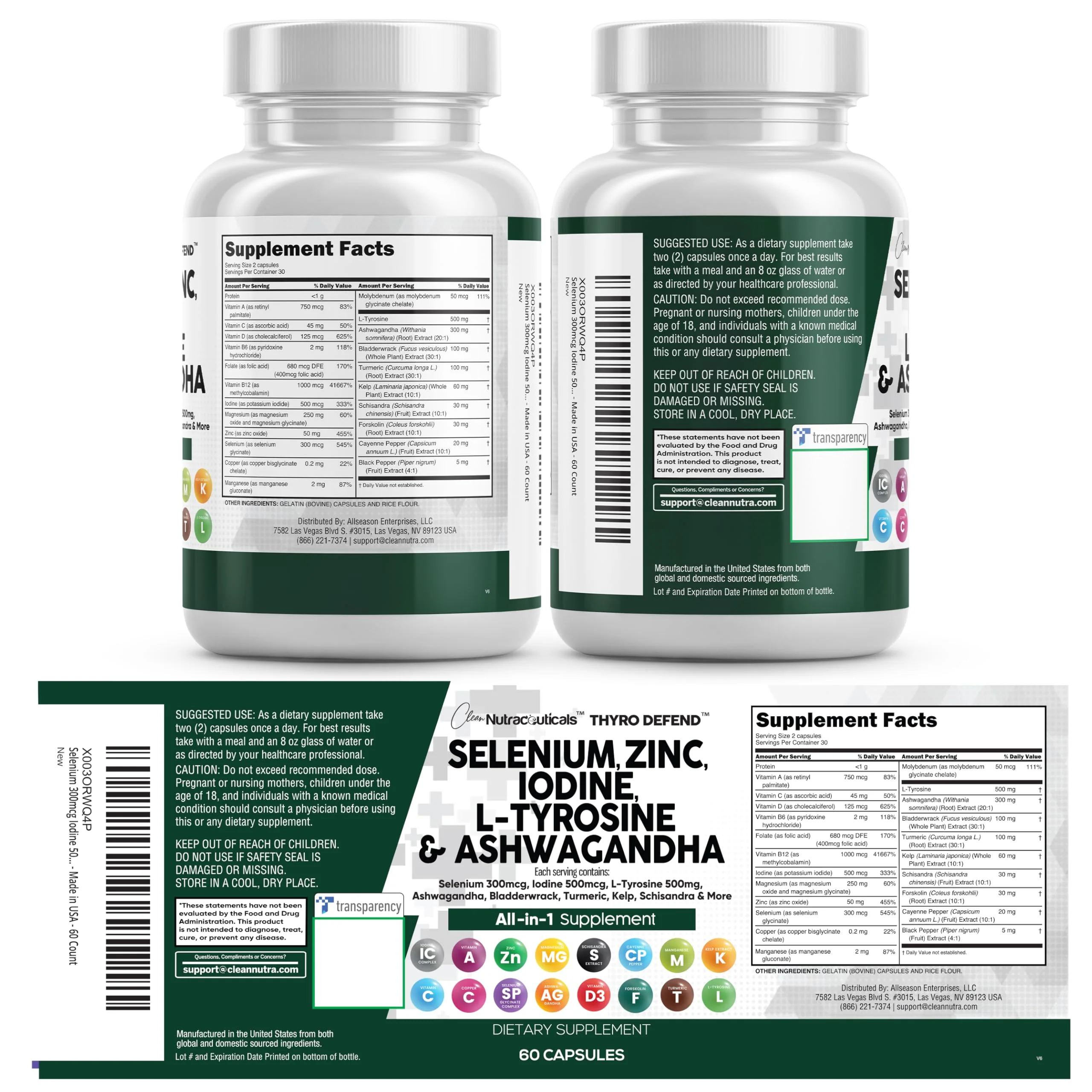Clean Nutra Selenium 300mcg Iodine 500mcg Thyroid Support for Women & Men | L Tyrosine 500mg Ashwagandha Supplement Bladderwrack, Turmeric, Kelp, Schisandra Zinc Pills Capsule Supplements - Image 2