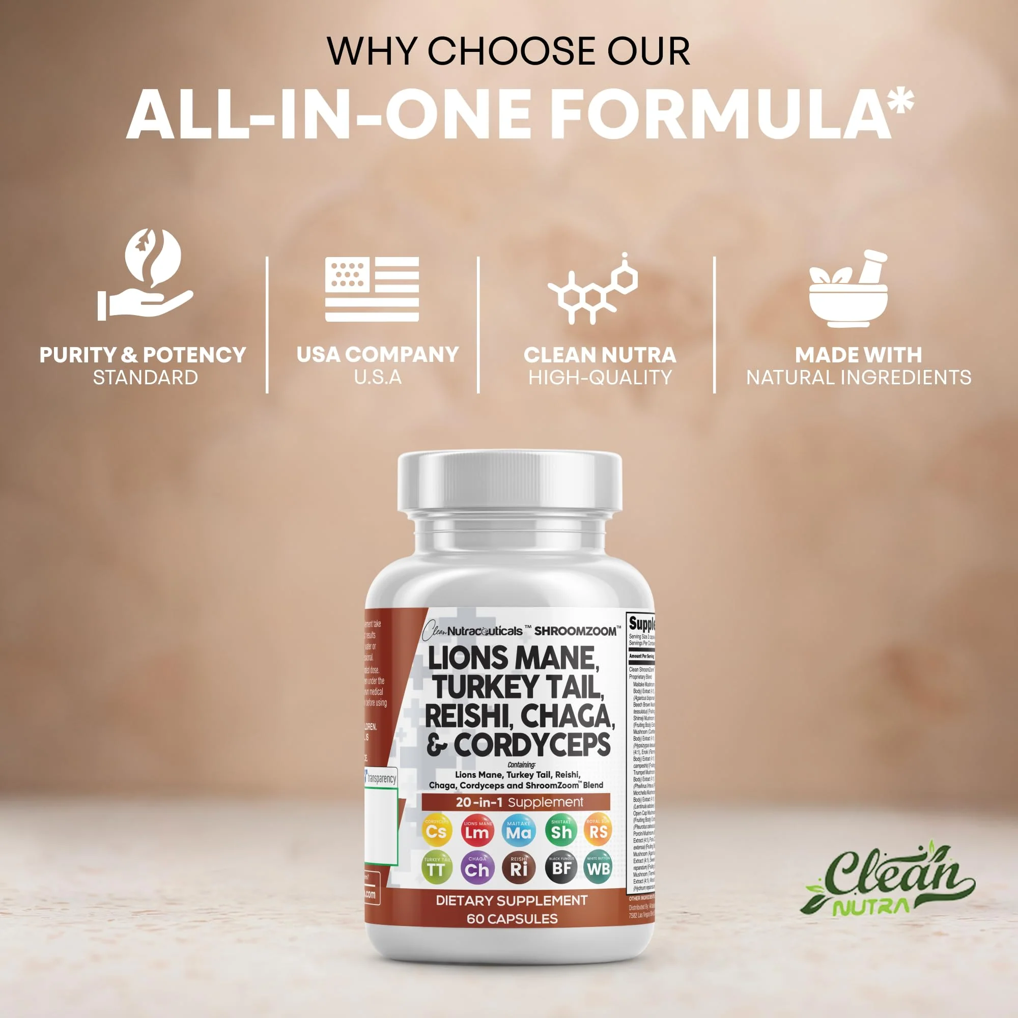 Clean Nutraceuticals Lions Mane 20in1 Mushroom Supplement with Turkey Tail Reishi Cordyceps Chaga Maitake Meshima Poria Cocos Shiitake Oyster Porcini Enoki - 1 Pack - Image 3