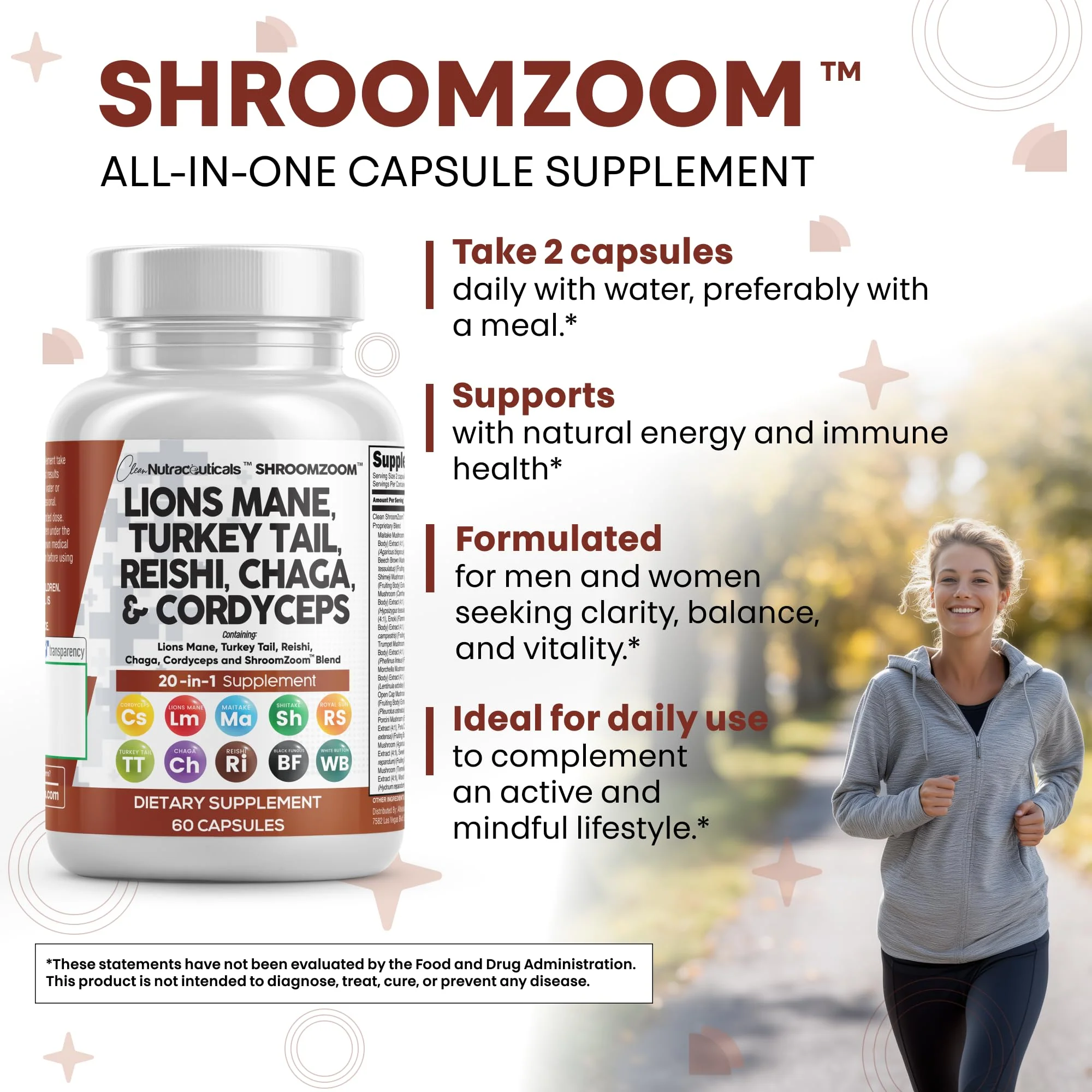 Clean Nutraceuticals Lions Mane 20in1 Mushroom Supplement with Turkey Tail Reishi Cordyceps Chaga Maitake Meshima Poria Cocos Shiitake Oyster Porcini Enoki - 1 Pack - Image 4