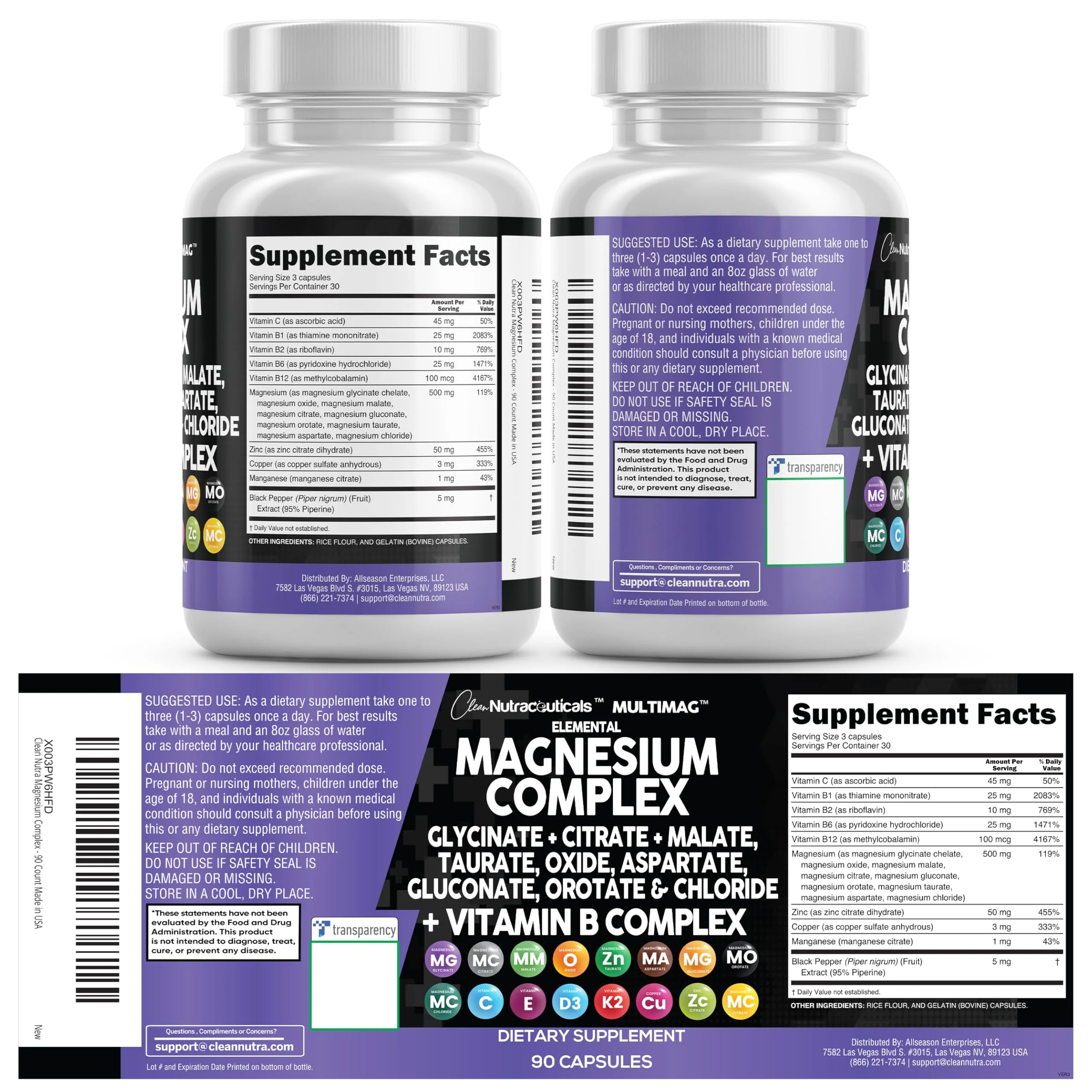 Clean Nutraceuticals Magnesium Complex with Magnesium Glycinate Citrate Malate Oxide Taurate Aspartate Orotate & Mag Chloride, Zinc Copper Manganese & Vitamin C B1 B2 B6 B12 Complex - 1Pack - Image 2