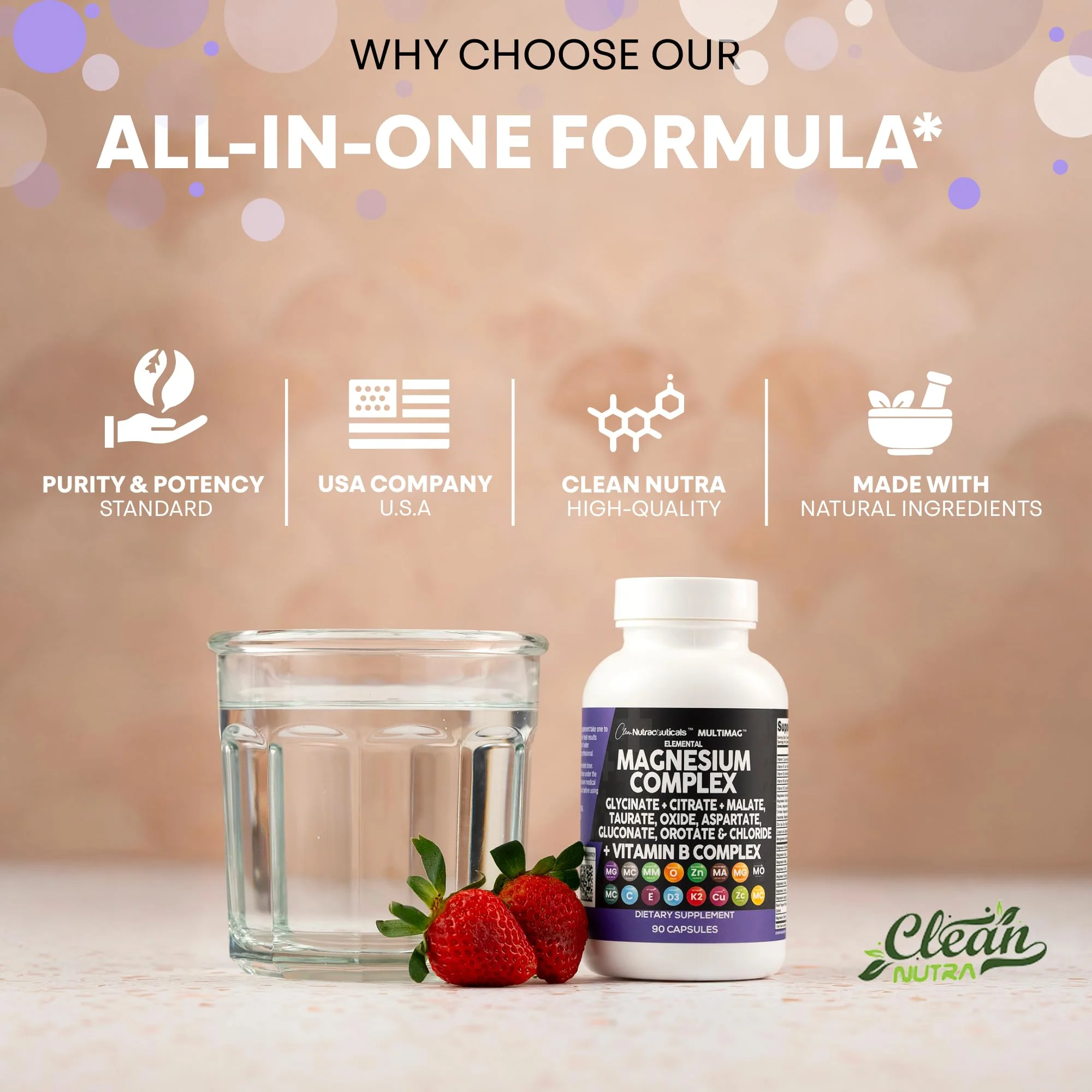 Clean Nutraceuticals Magnesium Complex with Magnesium Glycinate Citrate Malate Oxide Taurate Aspartate Orotate & Mag Chloride, Zinc Copper Manganese & Vitamin C B1 B2 B6 B12 Complex - 1Pack - Image 3