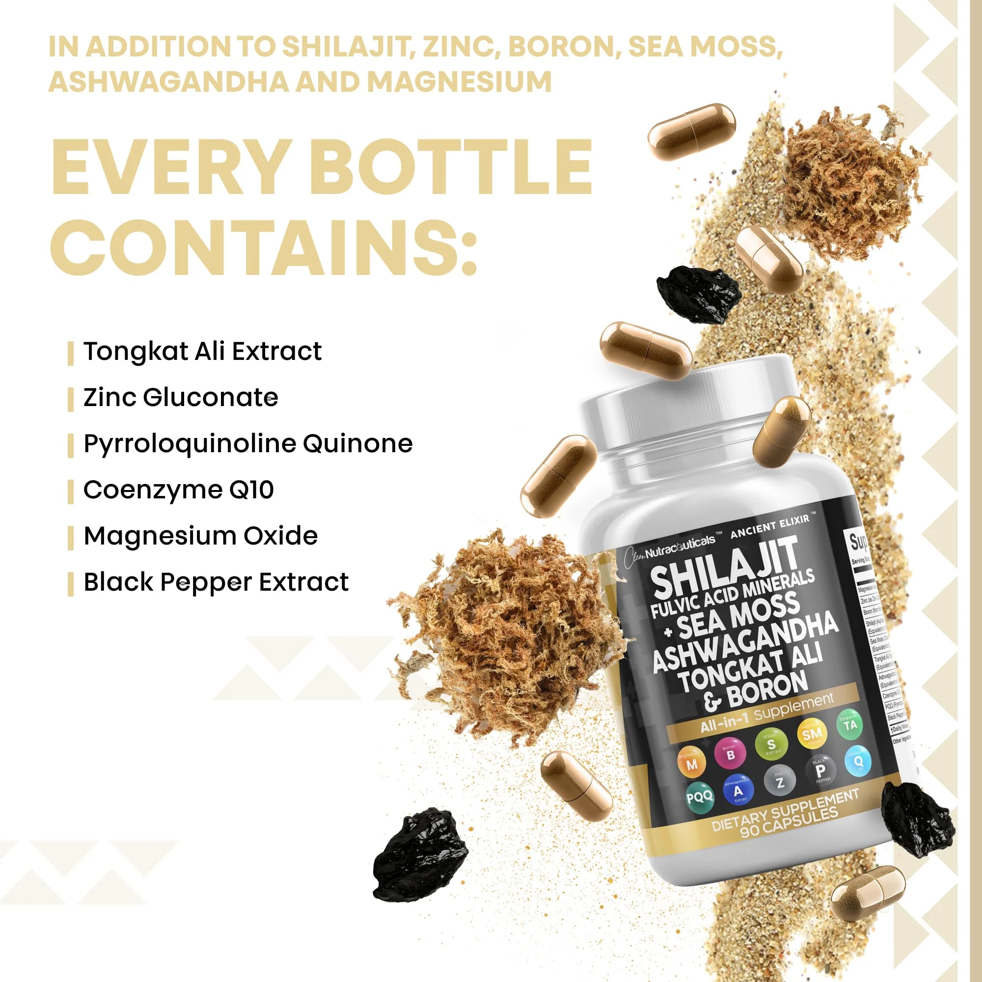 Clean Nutraceuticals Shilajit Supplement for Men with Sea Moss, Tongkat Ali, Ashwagandha, Boron, Zinc, CoQ10, PQQ - Fulvic Acid Capsules - Energy Support - 90 Count - Resin, Gummy & Powder Alternative - Image 4