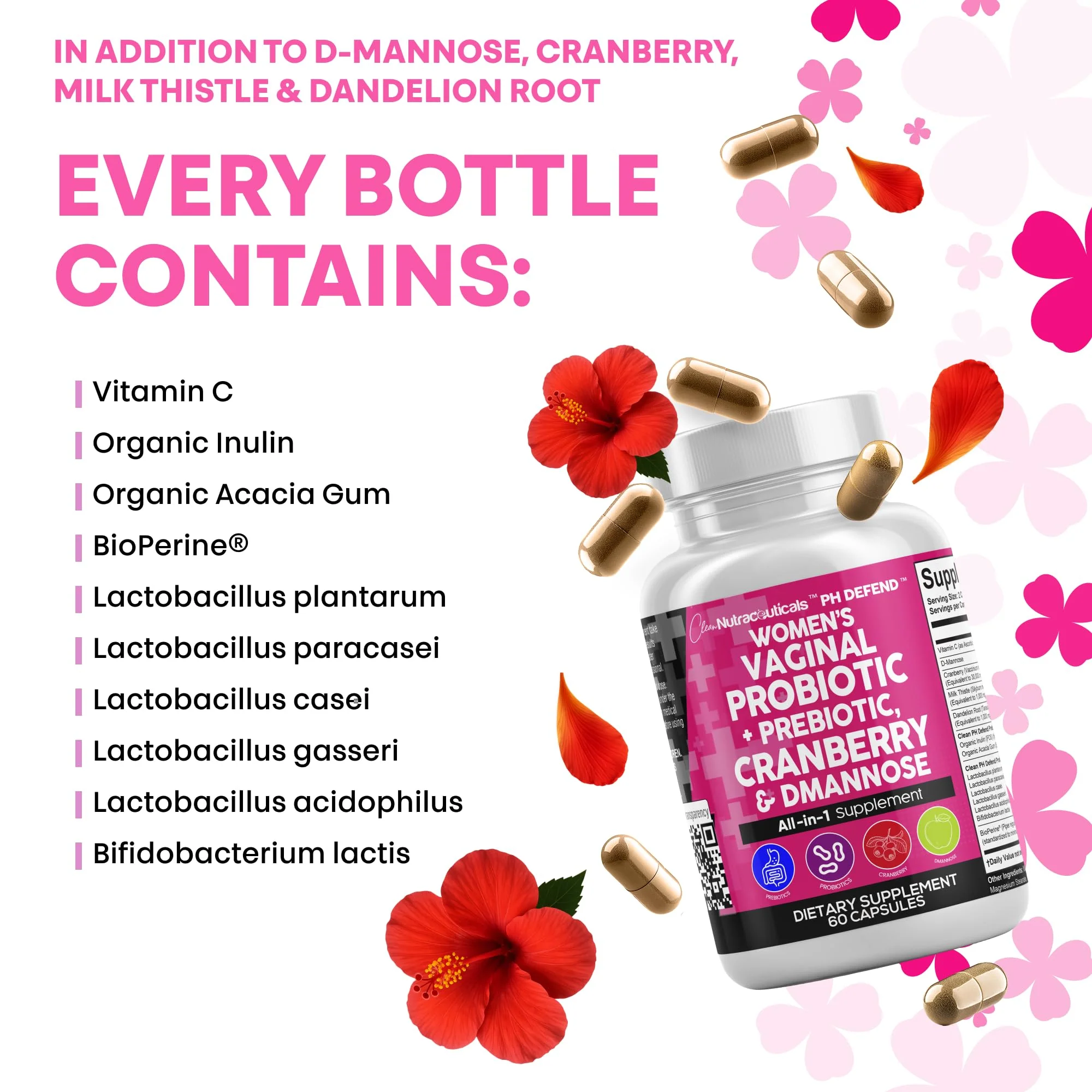 Clean Nutraceuticals Vaginal Probiotics for Women with Cranberry, D-Mannose, Prebiotics, pH Balance Support, Feminine Health, Urinary Tract Cleanse – Capsule Alternative to Gummies – 60 Count - Image 4