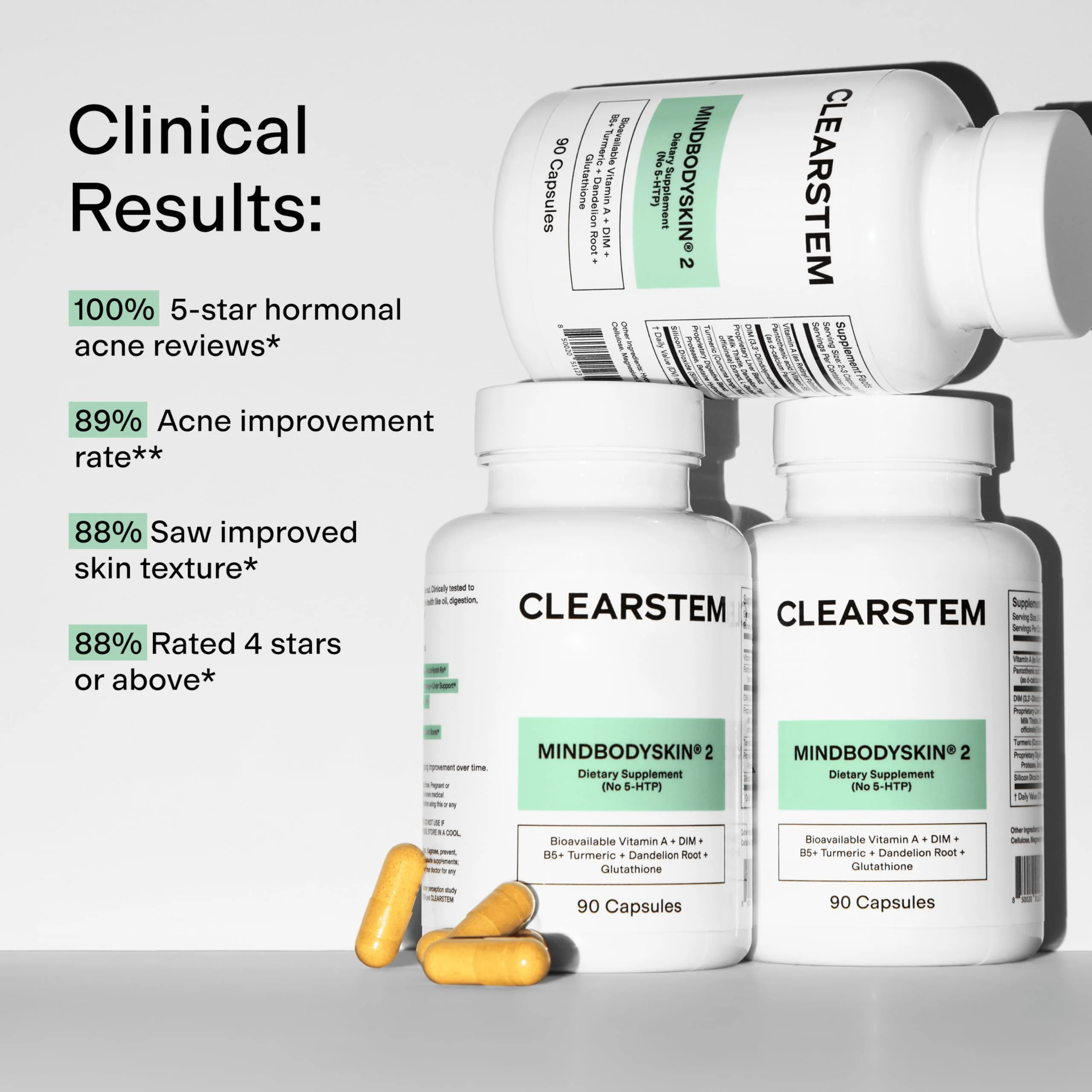 CLEARSTEM - MINDBODYSKIN Hormonal Acne Supplement (No 5-HTP) - Natural DIM Supplement - Skin Care Vitamins - Hormone Balance, Antioxidants - Gluten Free, Cruelty Free - 30 Servings, 90 Capsules - Image 4