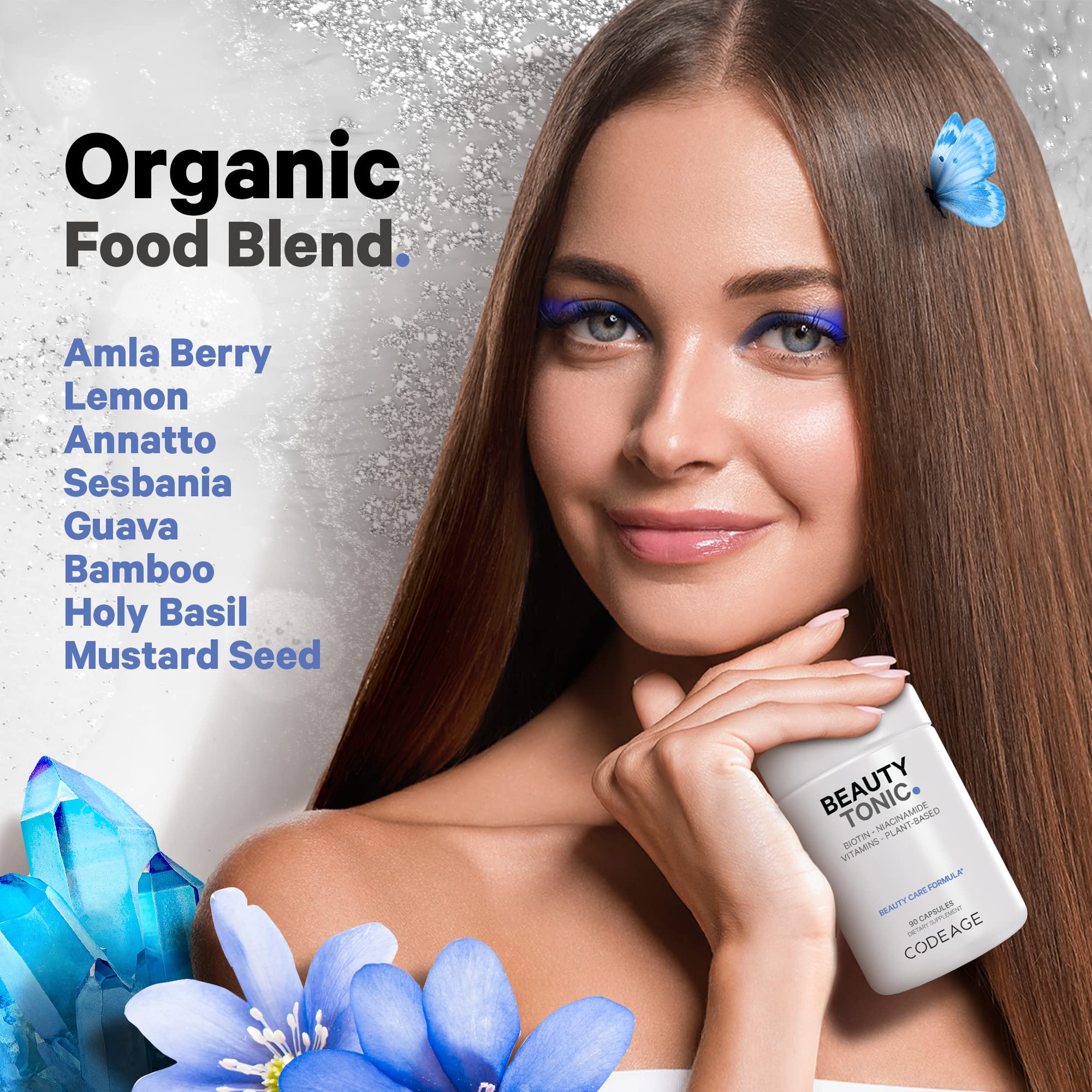Codeage Biotin Supplement with Vitamin C, Vitamin E, Vitamin B6, Niacin, Folate, Organic Food Blend, Phytoceramides, Astaxanthin, Selenium - Beauty Tonic - Hair, Skin, and Nail Support - Vegan, 90 Ct - Image 5