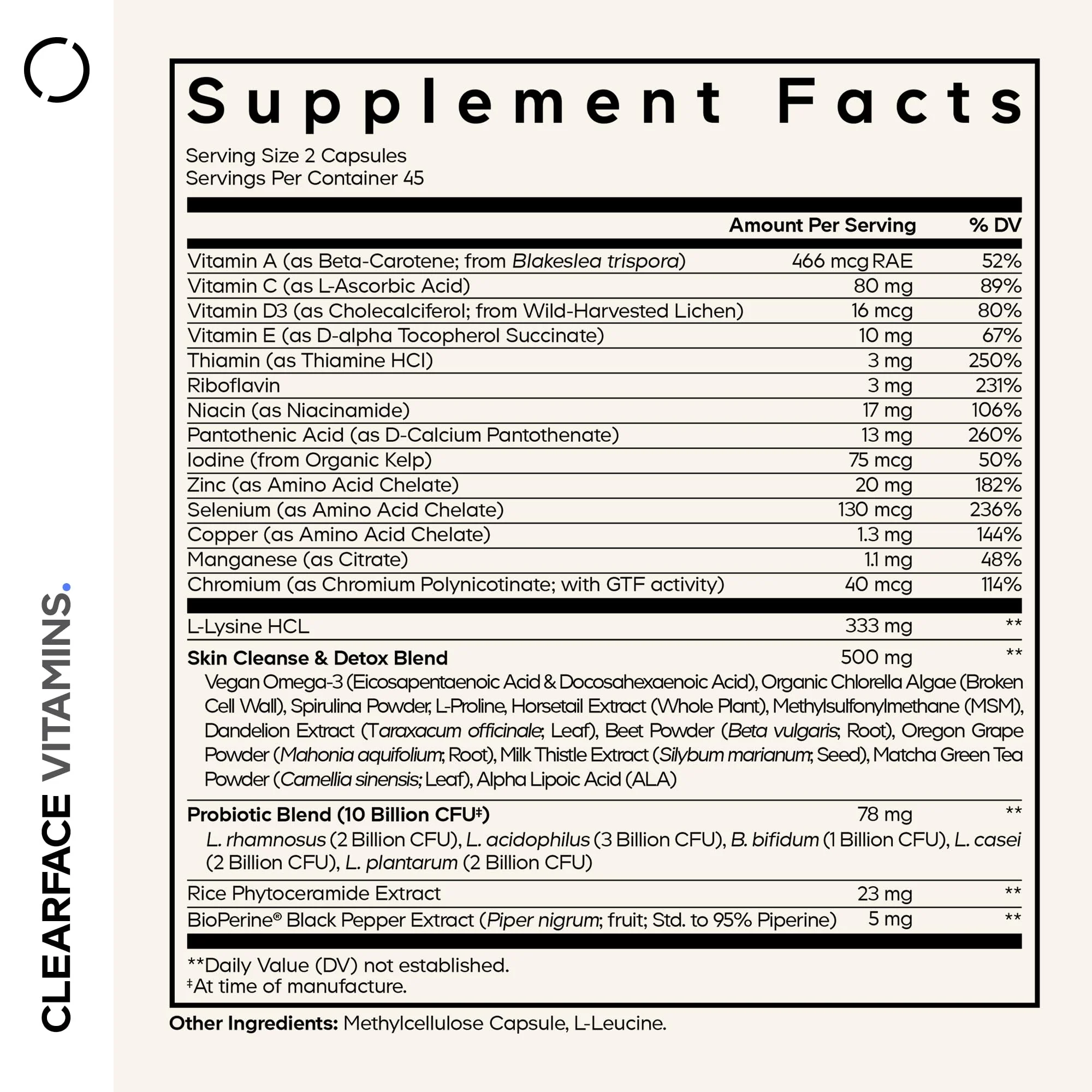 Codeage Clearface Pantothenic Acid, Niacin Supplement, Vitamins A, C, D3, E, Probiotics, Zinc, Riboflavin, Thiamin, L-Lysine HCL & Omega-3, Niacinamide, Skin Botanical Blend - Non-GMO - 90 Capsules - Image 9