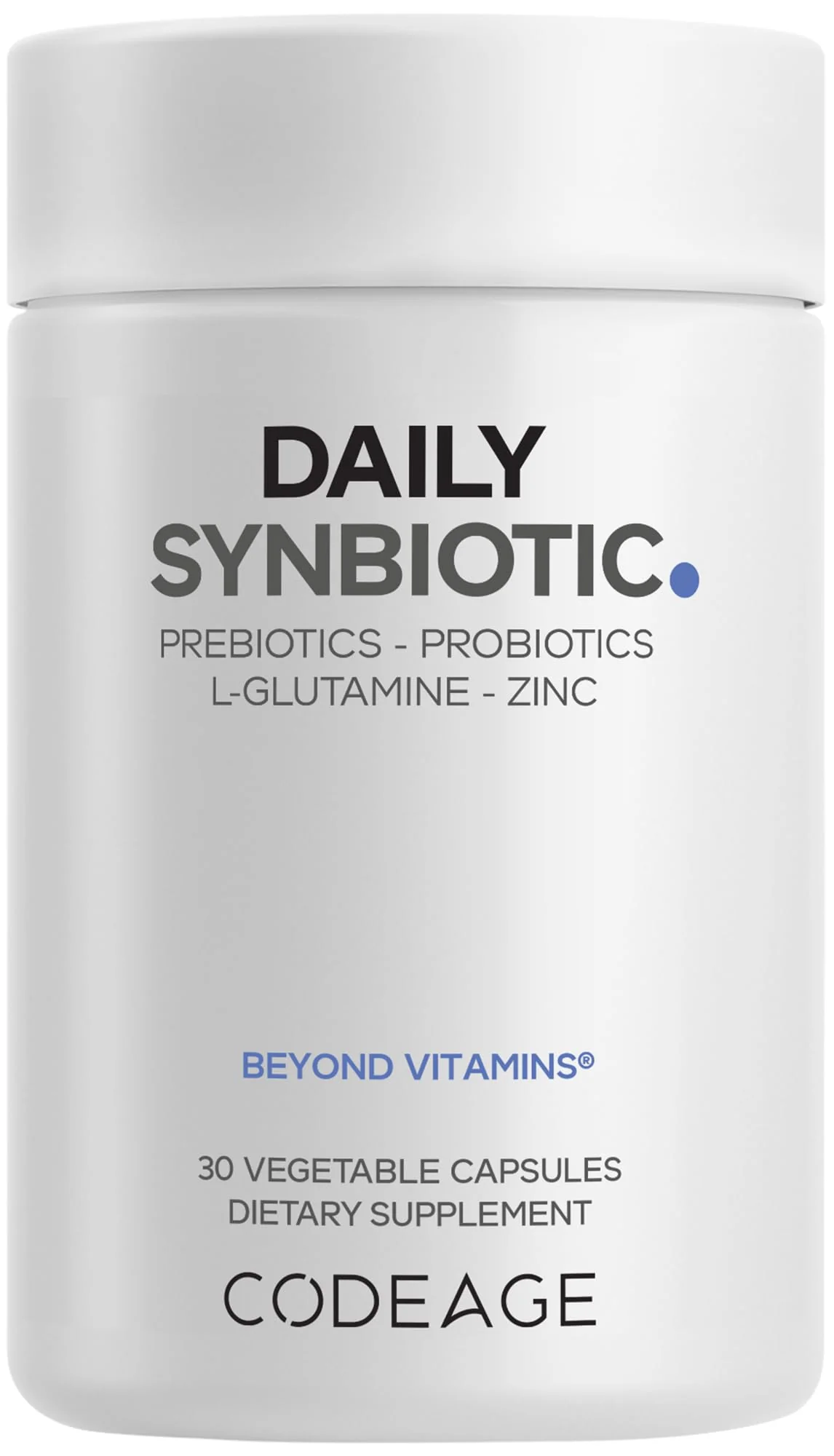 Codeage Daily Synbiotic Supplement - Prebiotics, Lactobacillus & Bifidobacterium Probiotics, L-Glutamine, Zinc L-Carnosine, DGL, Synbiotic Probiotic, BioPerine - Shelf-Stable - 30 Capsules