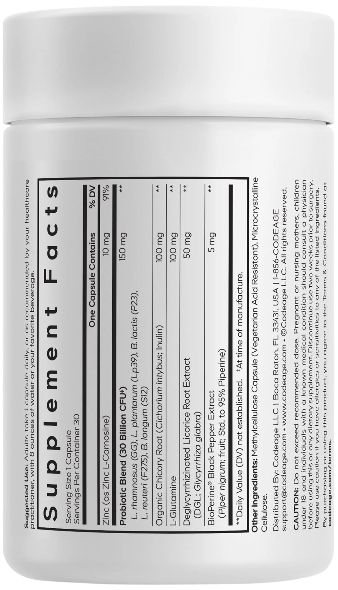 Codeage Daily Synbiotic Supplement - Prebiotics, Lactobacillus & Bifidobacterium Probiotics, L-Glutamine, Zinc L-Carnosine, DGL, Synbiotic Probiotic, BioPerine - Shelf-Stable - 30 Capsules - Image 3