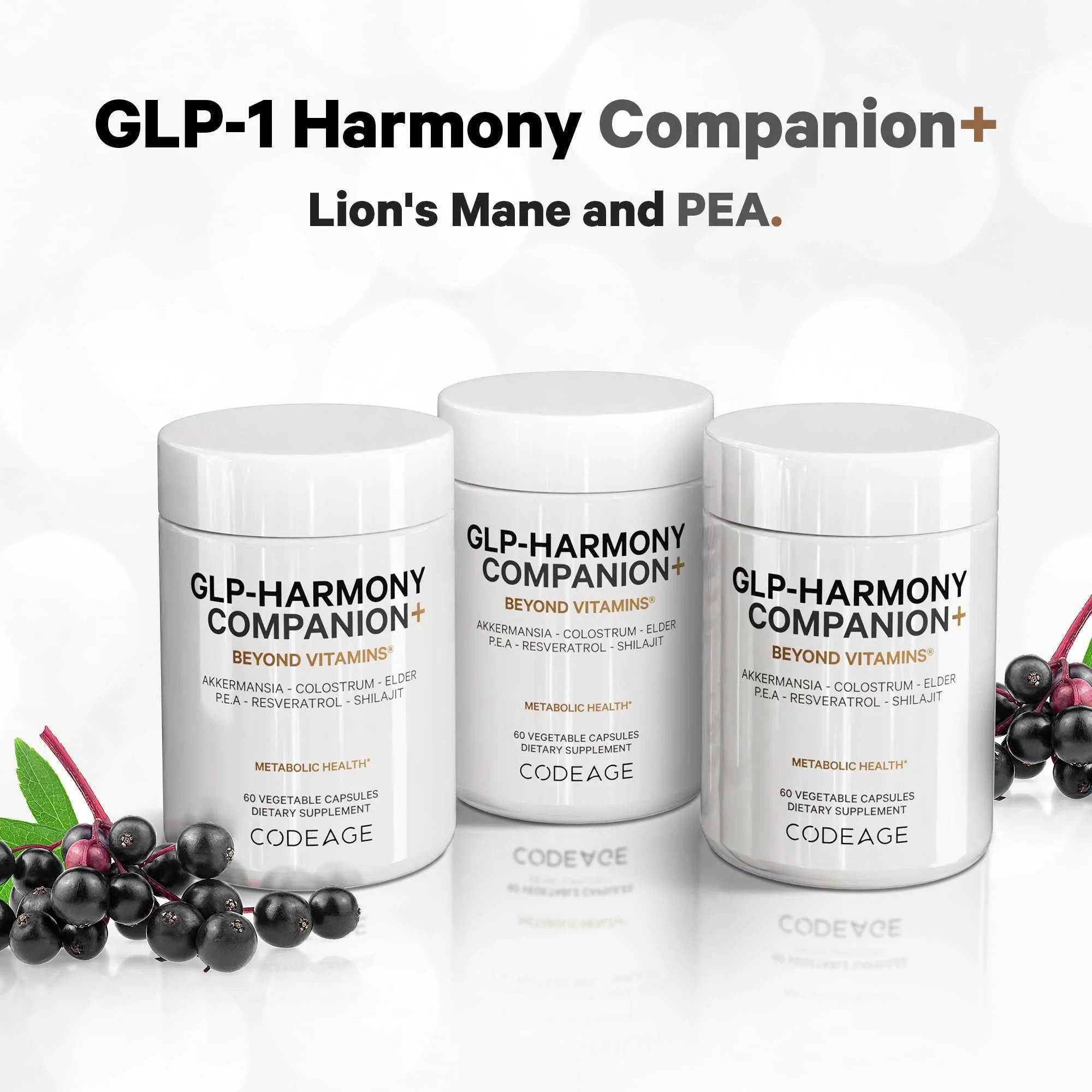 Codeage GLP-Harmony Companion+ Supplement - GLP-1 Agonist Support - Lion's Mane, Pea, Colostrum, Shilajit, Akkermansia, Elder, Citrus Bioflavonoids, Broccoli, Resveratrol - Non-GMO - 60 Capsules - Image 7