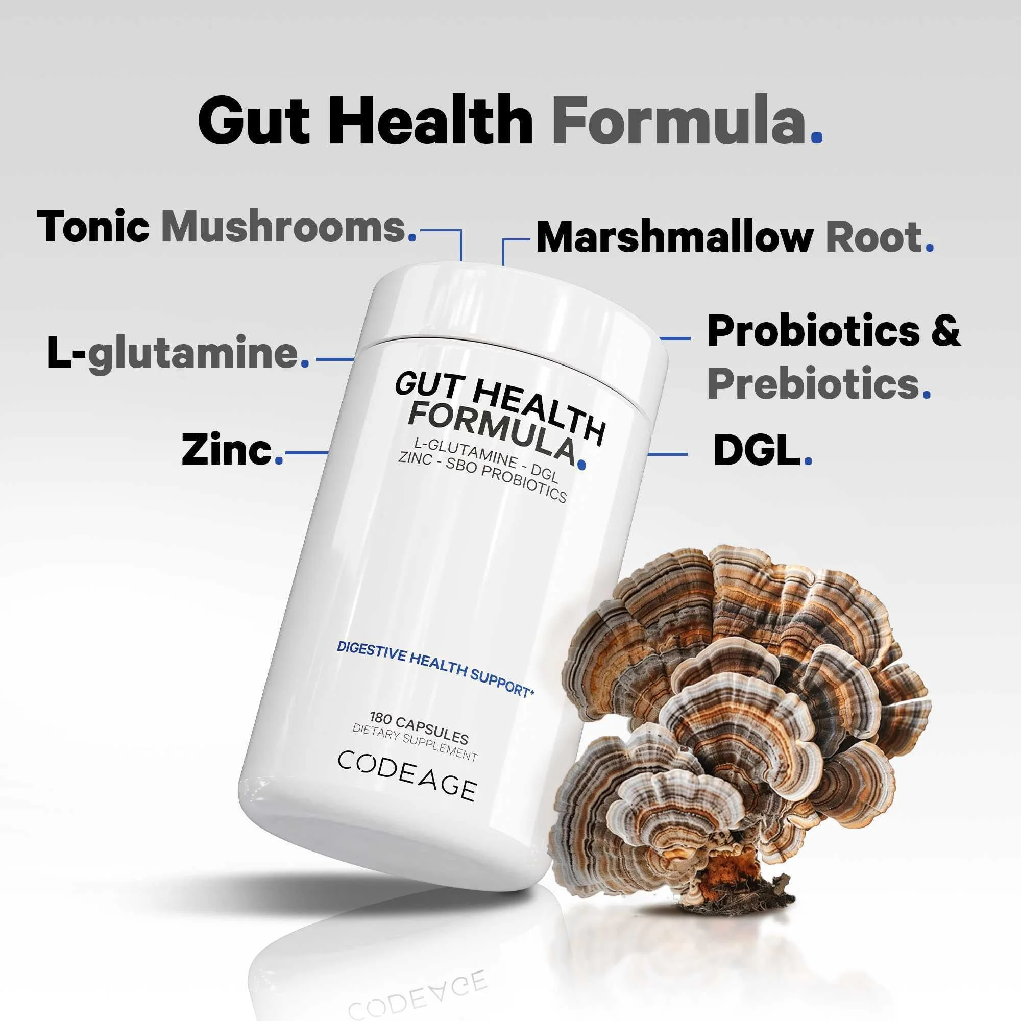Codeage Gut Health Supplements Vegan Formula - L Glutamine, Zinc, Turkey Tail Mushroom Powder, Tonic Mushroom, Maitake, Micro Algae, Mineral, Licorice Root DGL - Probiotics, Prebiotics - 180 Capsules - Image 8