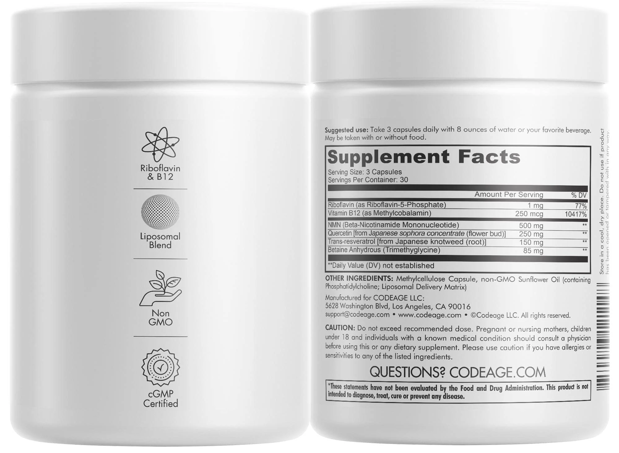 Codeage Liposomal NMN 500mg Supplement Resveratrol, NAD+ Healthy Aging Energy Muscle Metabolism Support, Nicotinamide Mononucleotide, Betaine Anhydrous TMG, Riboflavin, Vitamin B12, Vegan, 2 Pack - Image 2