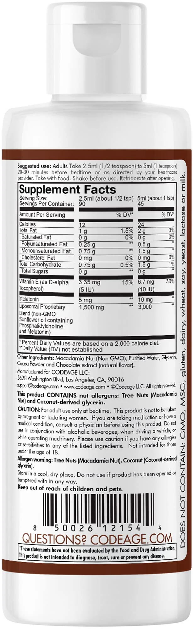Codeage Liposomal Ultra Sleep + Liquid Melatonin Supplement for Adults, Vitamin E, Phospholipid Complex, Phosphatidylcholine, Vegan Chocolate Smoothie Drops, Non-GMO, No Sugar, 45+ Servings, 8 fl oz - Image 3