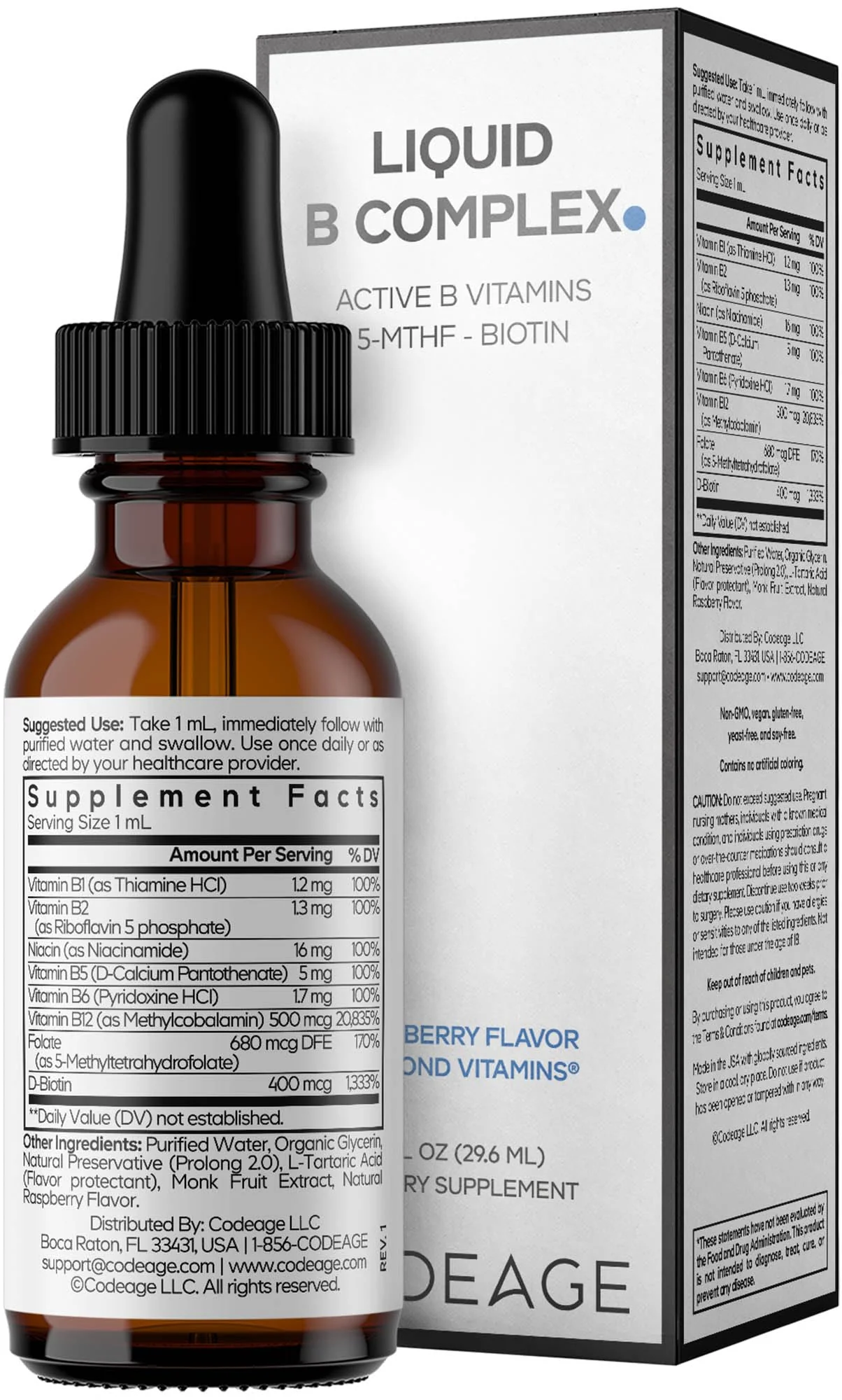 Codeage Liquid B-Complex Supplement with 8 Forms of Vitamin B - Vitamin Thiamine B1, Riboflavin B2, B3, B5, B6, Biotin B7, Active Methylated B9 Folate & B12 - Raspberry Flavor - Non-GMO - 1 fl oz - Image 2