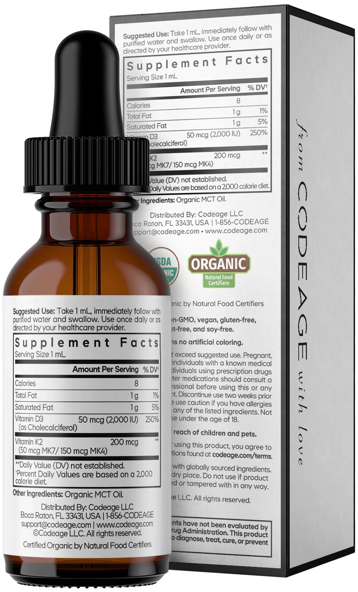 Codeage Liquid D3+K2 Vitamins USDA Organic - Vitamin D3 2000 IU, Vitamin K2 (MK4 & MK7) Liquid Drops - Immune Support - Unflavored - Organic MCT Oil - Non-GMO - 1 fl oz - Image 2