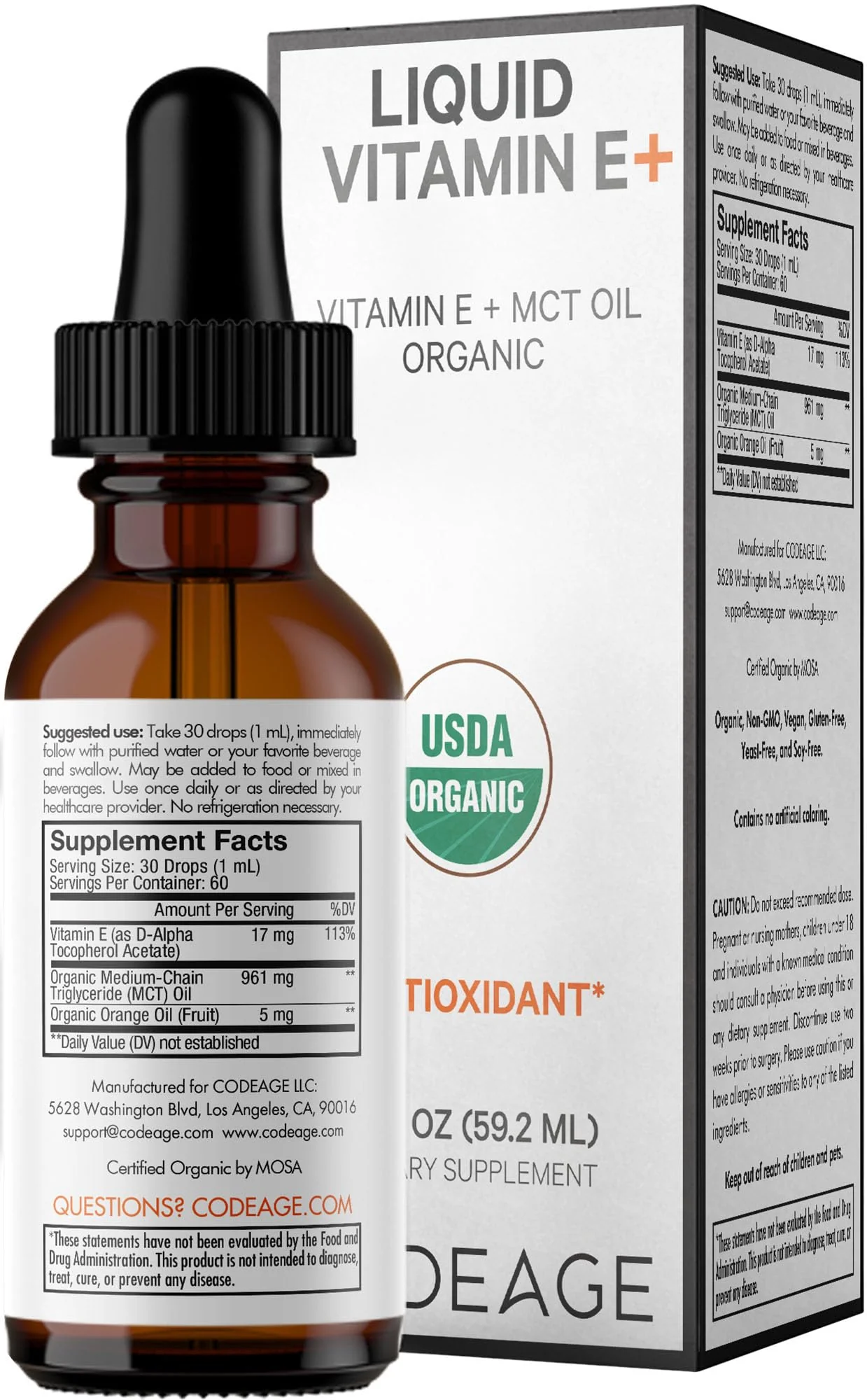Codeage Liquid Vitamin E+ - USDA-Certified Organic Vitamin E - 2-Month Supply - D-Alpha Tocopherol Acetate, Organic MCT Oil, Orange Fruit Oil, Unflavored, Non-GMO, Vegan, Gluten-Free, 2 fl oz - Image 3