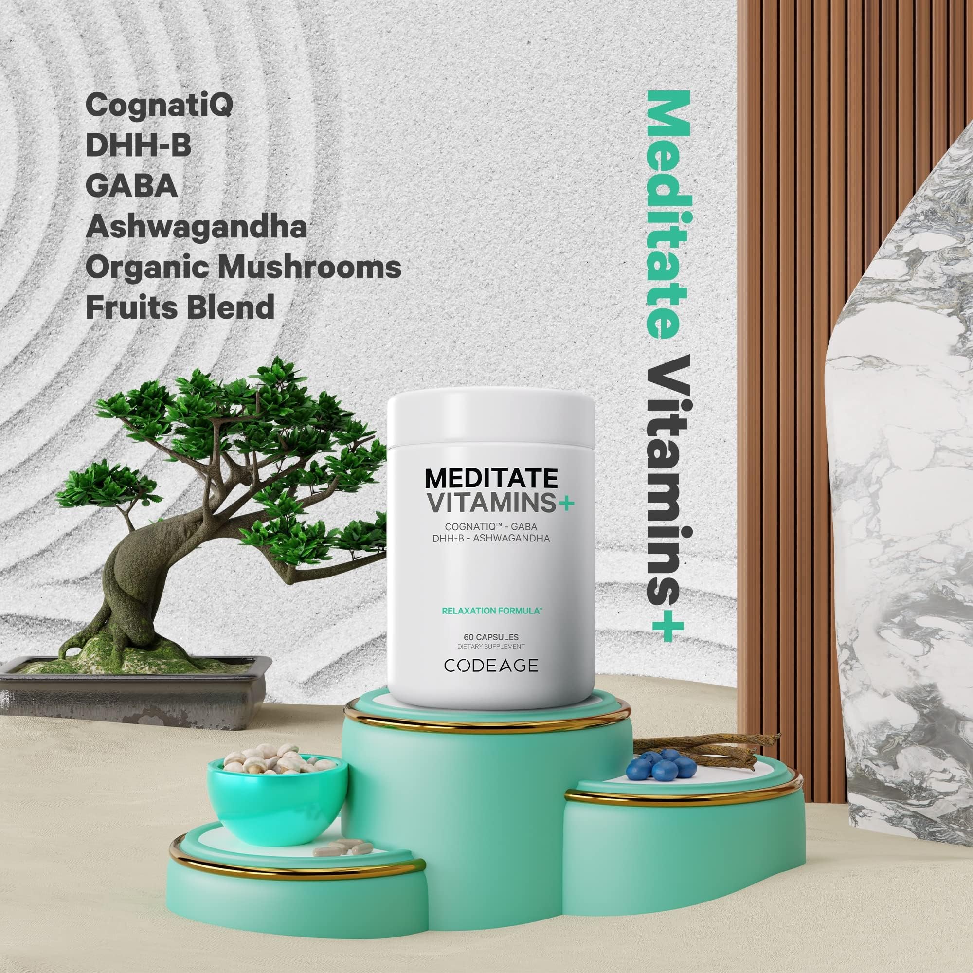 Codeage Meditate Vitamins+ Supplement - CognatiQ, DHH-B, GABA, Ashwagandha, Organic Mushrooms, Blueberries - BDNF Brain Pills and Neuroprotein - Vegan, Non-GMO, Gluten-Free - 60 Capsules - Image 7