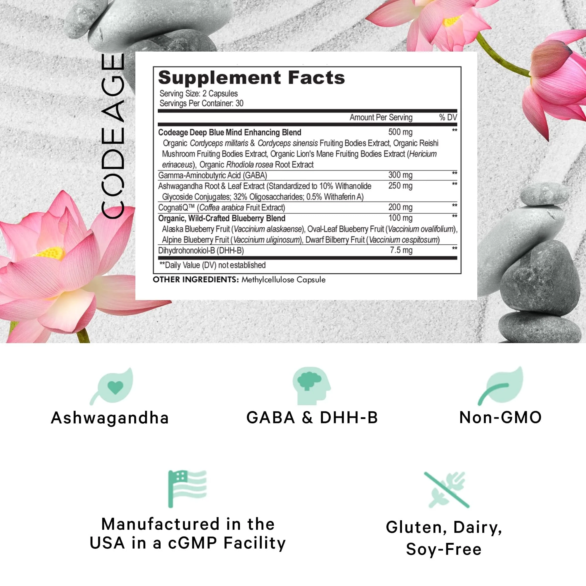 Codeage Meditate Vitamins+ Supplement - CognatiQ, DHH-B, GABA, Ashwagandha, Organic Mushrooms, Blueberries - BDNF Brain Pills and Neuroprotein - Vegan, Non-GMO, Gluten-Free - 60 Capsules - Image 8