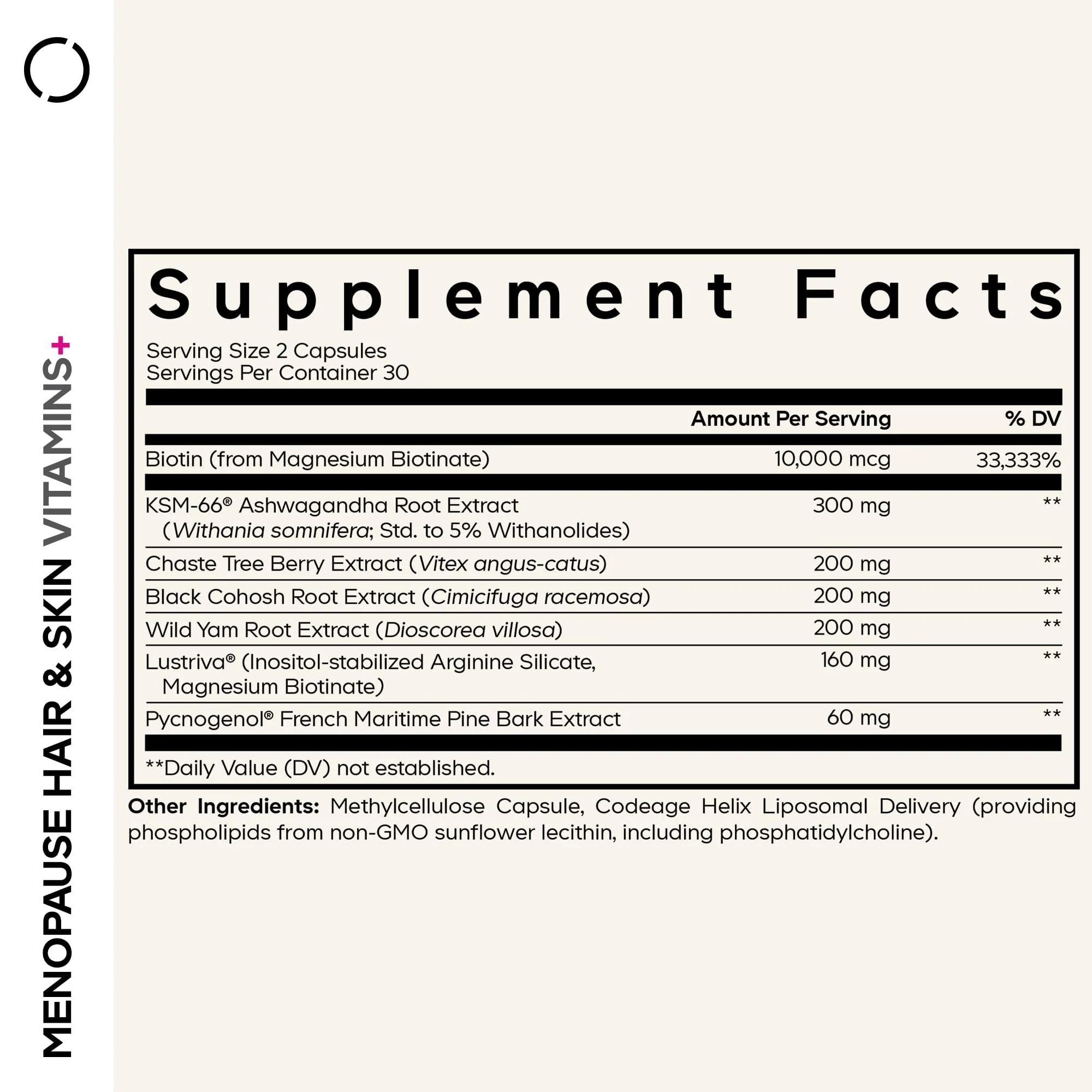 Codeage Menopause Hair & Skin Vitamins+ - Patented Lustriva, Pycnogenol, KSM-66 Ashwagandha - Hair Density Skin Perimenopause Support - Menopause Supplement - 10,000 Mcg Biotin, Wild Yam - 60 Capsules - Image 9