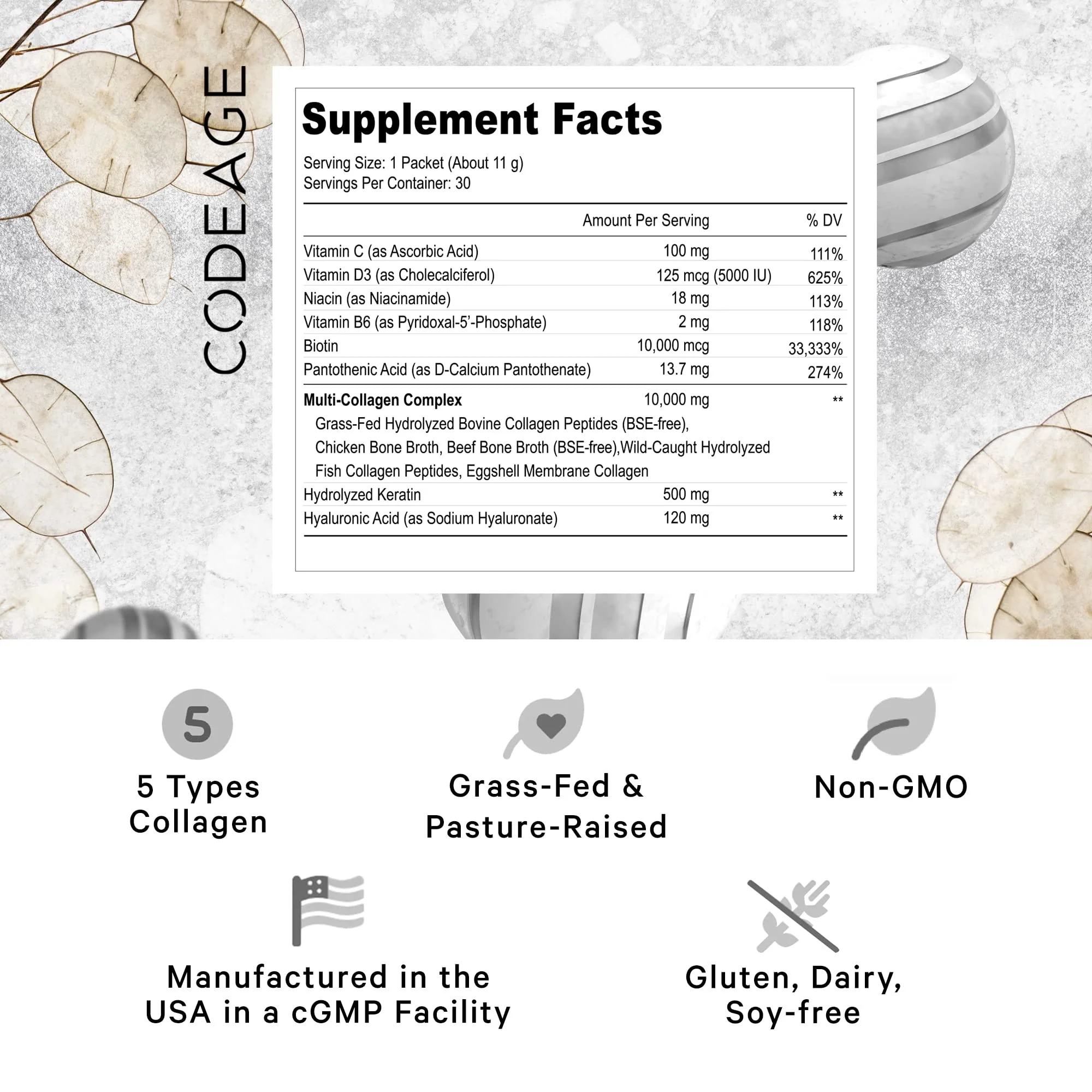 Codeage Multi Collagen and Biotin 10,000 mcg + Vitamin C, B6 & D3, Keratin, Hyaluronic Acid, Niacin, 18 Amino Acids - Stick Packs Supplement - 5 Types Collagen Protein – 30 Powder Packets - Image 9
