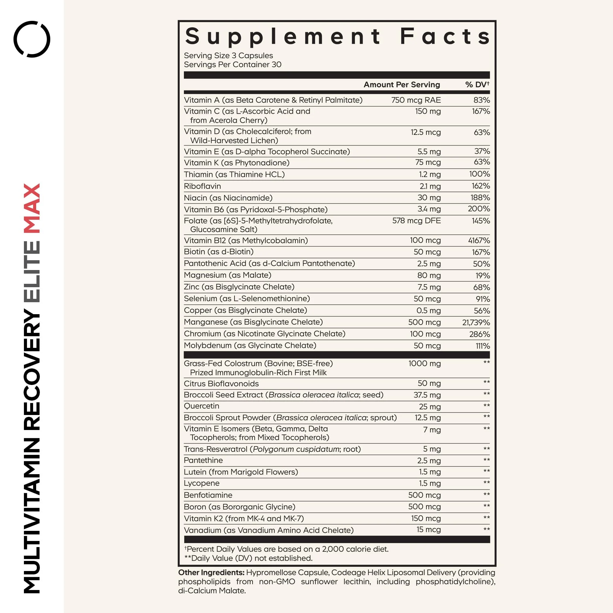 Codeage Multivitamin Recovery Elite Max Supplement - Vitamins A, C, D, E, B-Complex, Essential Minerals, Antioxidants, Colostrum, Phytonutrients, Pantethine, Non-GMO, Sport Multivitamins - 90 Capsules - Image 9