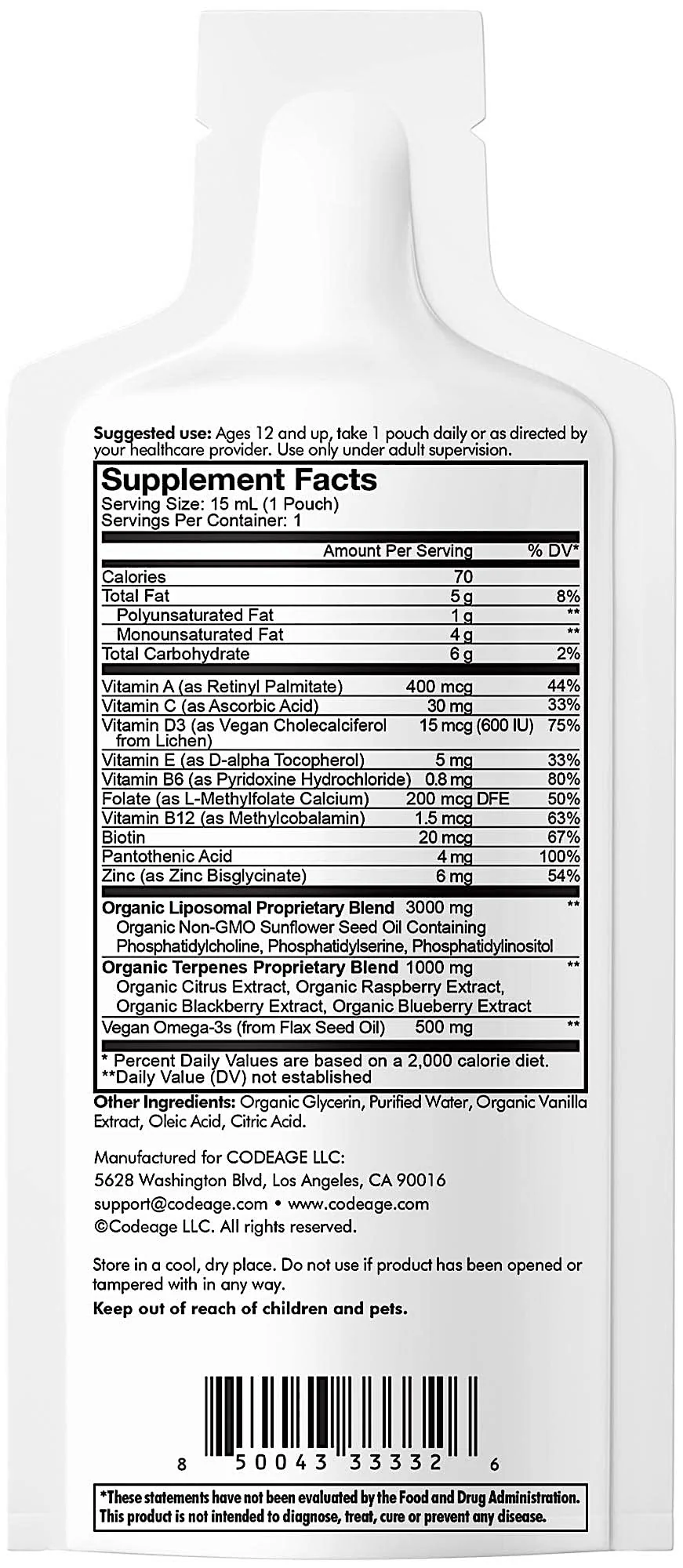 Codeage Multivitamins For Teens, Liquid Vitamin C for Teenagers, Vitamin A B6 B12 D3 E For Kids, Biotin Zinc Omega-3 Folate, Liposomal Vitamins Supplement, One Daily Sachet, Vegan, Non-GMO, 30 Pouches - Image 4