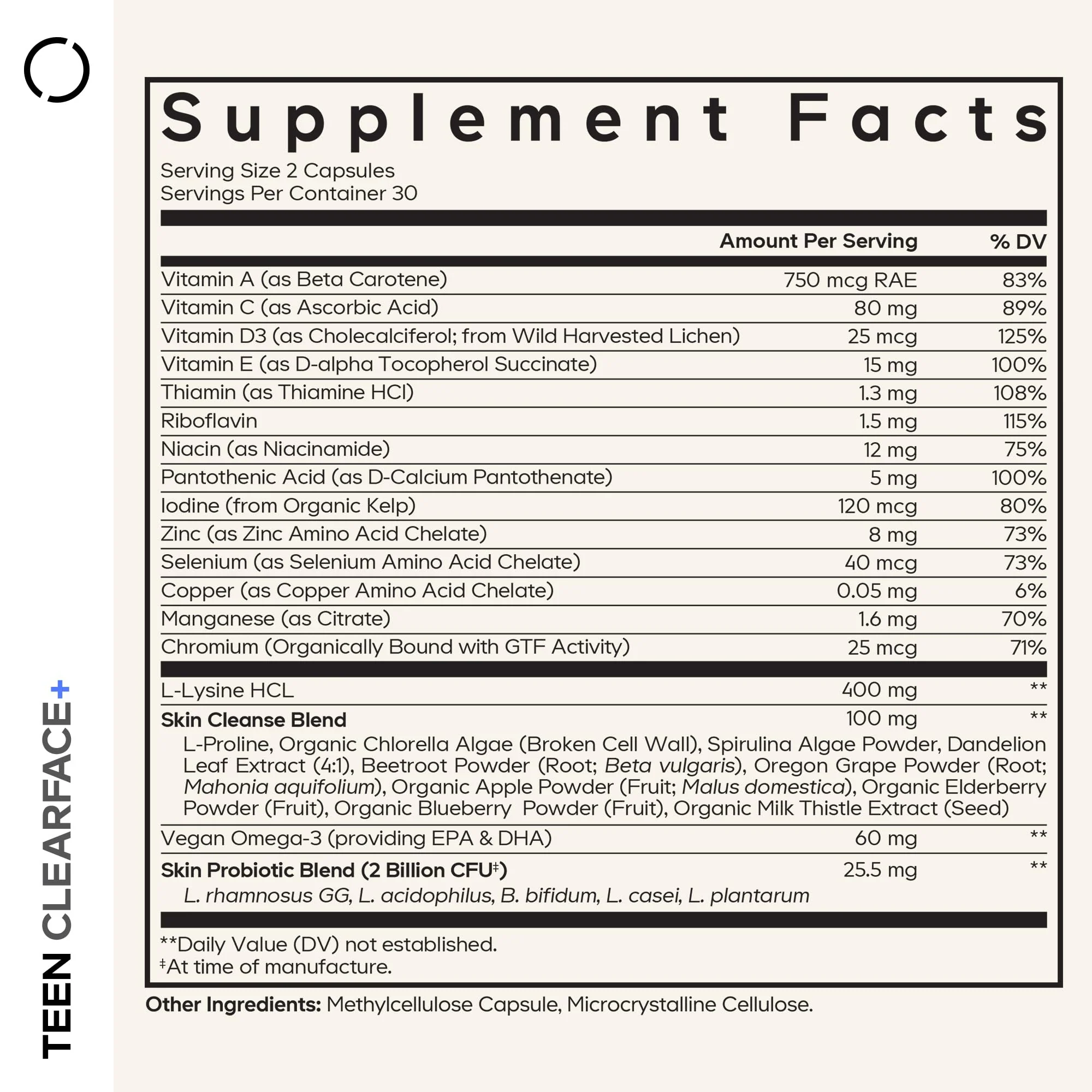 Codeage Teen Clearface Adolescent Face, Skin & Pimples, Vitamins A, C, D3, E, Pantothenic Acid, Niacin, Zinc Supplement Teenagers, Probiotics, L-Lysine, Omega-3, Oily Skin, Pores, Spots - 60 Capsules - Image 9