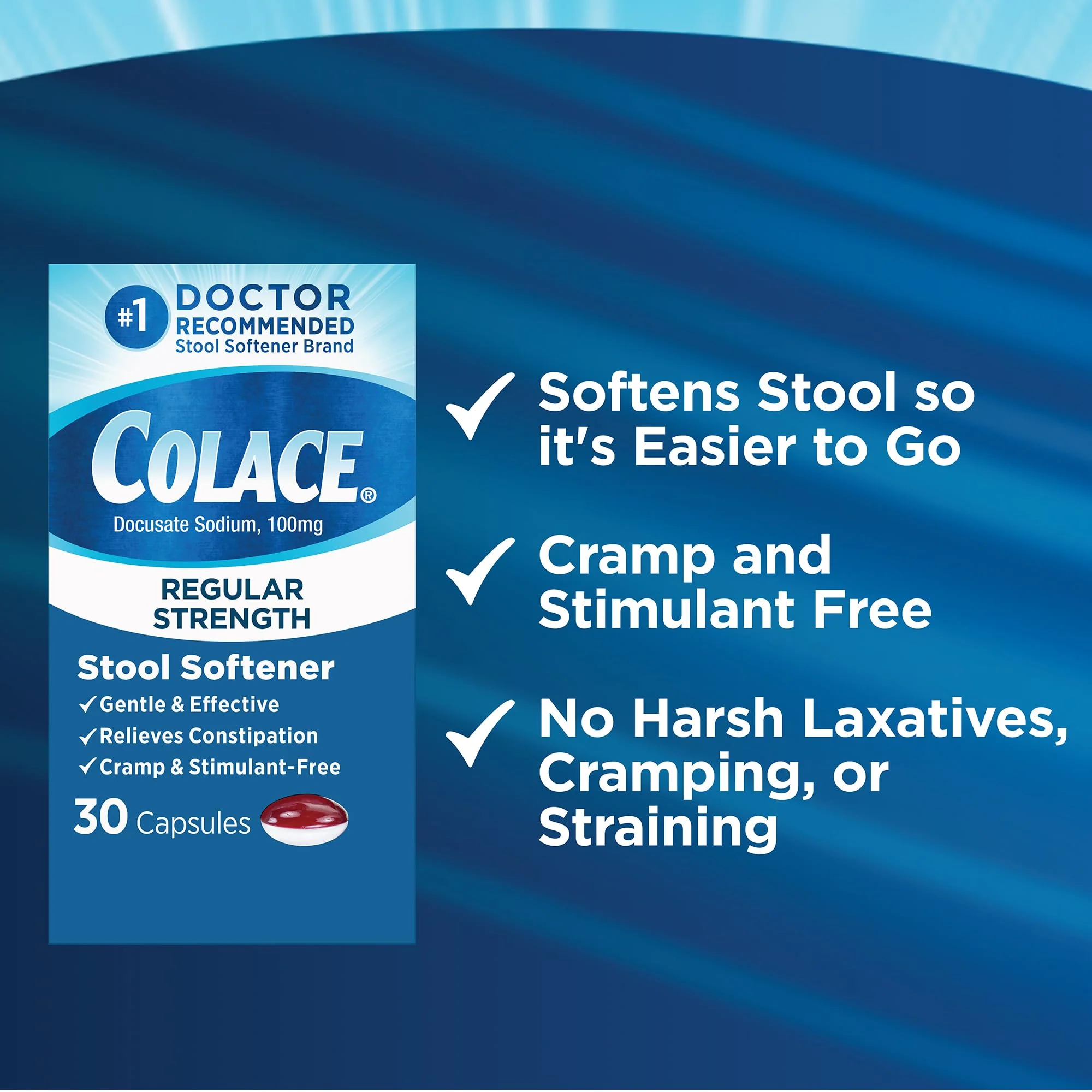 Colace Stool Softener 100 mg, 30 Capsules, Constipation Relief, Docusate Sodium, Gentle Docusate, Stimulant-Free, Regular Strength, #1 Doctor Recommended Stool Softener Brand - Image 5