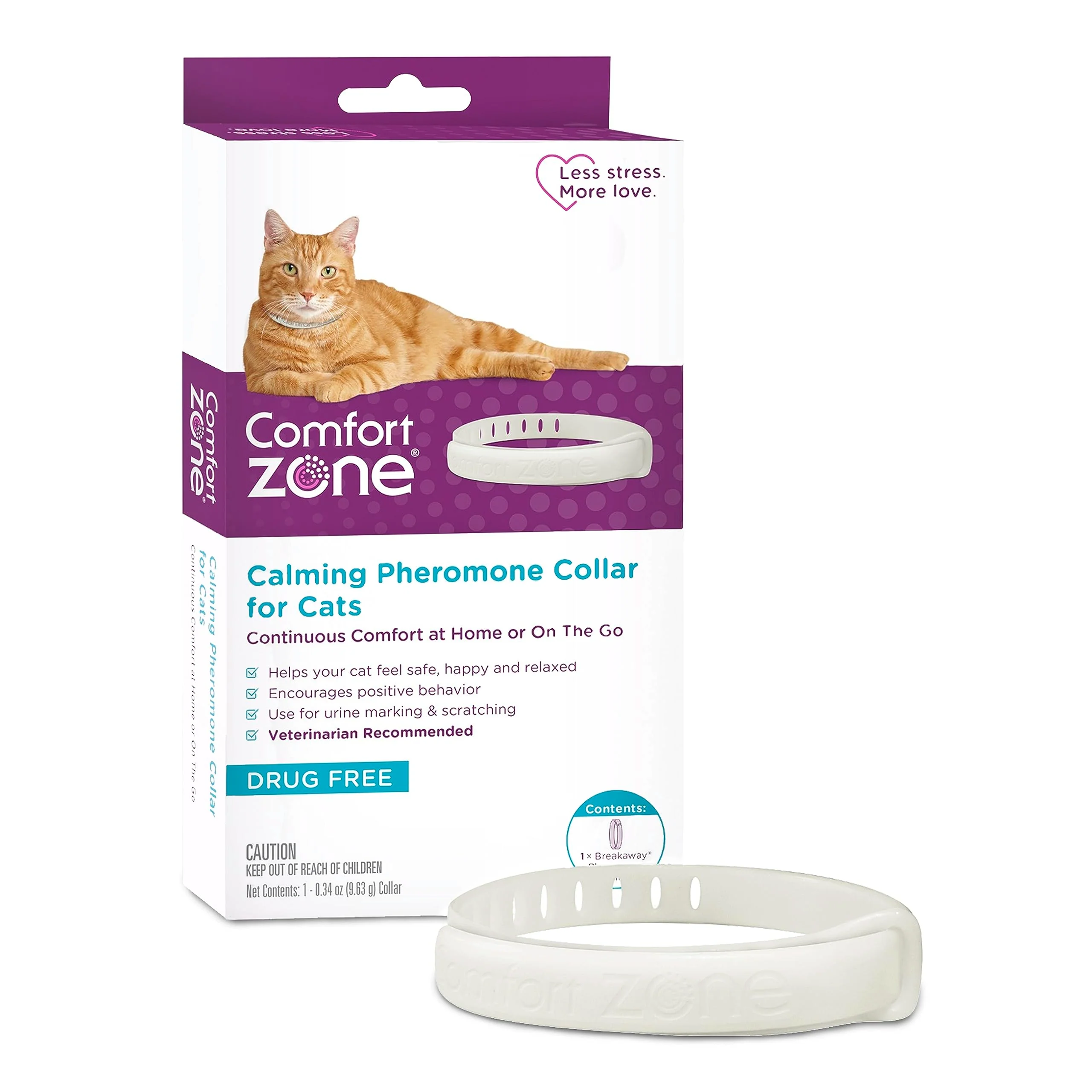 Comfort Zone Cat Calming Collar: 1 30-Day Calming Collar; Cat Pheromones Help Anxiety, Reduce Stress, Urine Marking, Scratching; Indoor or Outdoor Cats; Long-Lasting