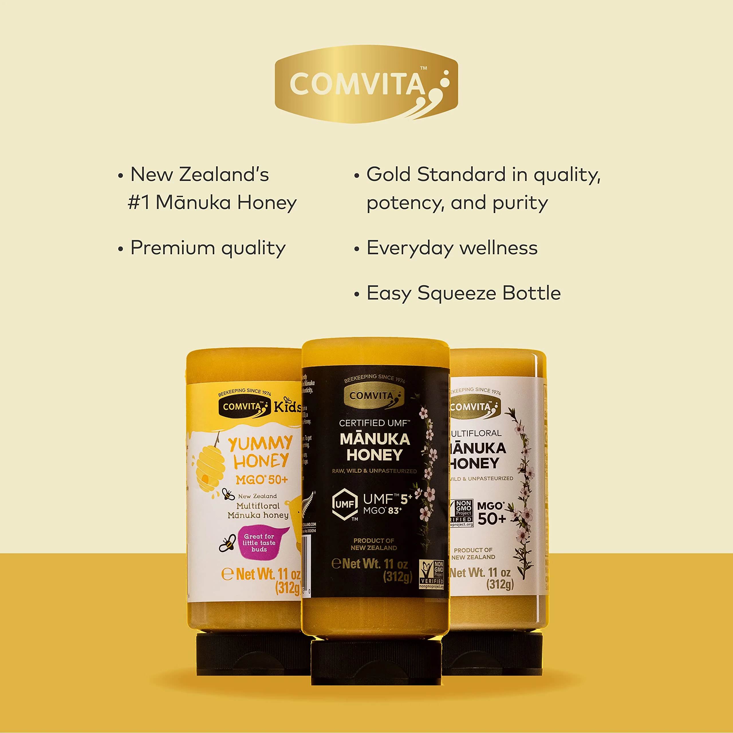 Comvita Kids Yummy Manuka Honey No-Mess Squeeze Bottle (MGO 50+) | New Zealand's #1 Premium, Wild, Authentic Manuka Brand | Multifloral, Non-GMO Superfood for Daily Wellness | 11 oz - Image 2