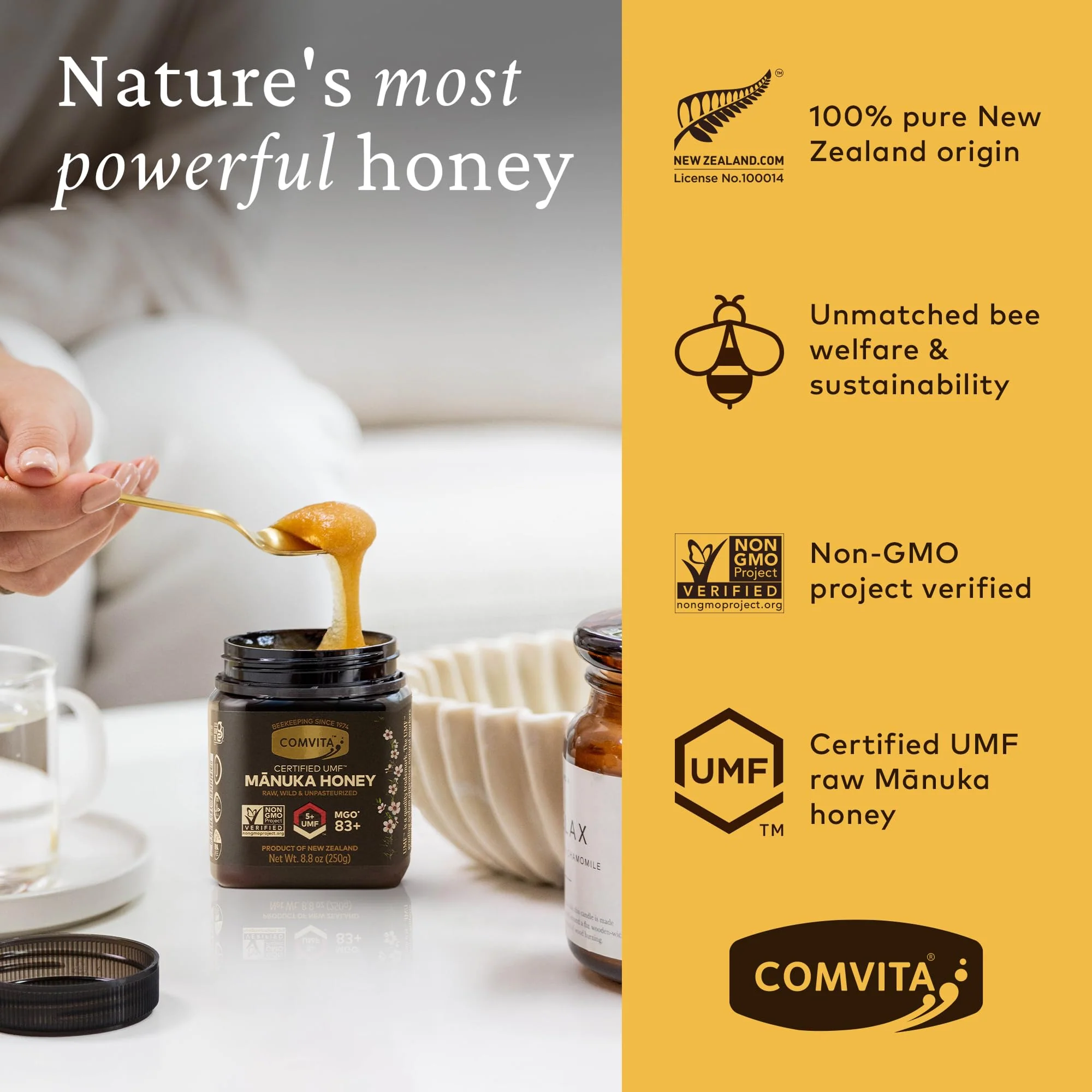 Comvita Manuka Honey UMF 5+ (MGO 83+) - Raw Manuka Honey New Zealand, Pure & Unpasteurized, Superfood for Immune Health, Use in Tea, Wild, Monofloral, Non-GMO - 250g (8.8 oz) - Image 8