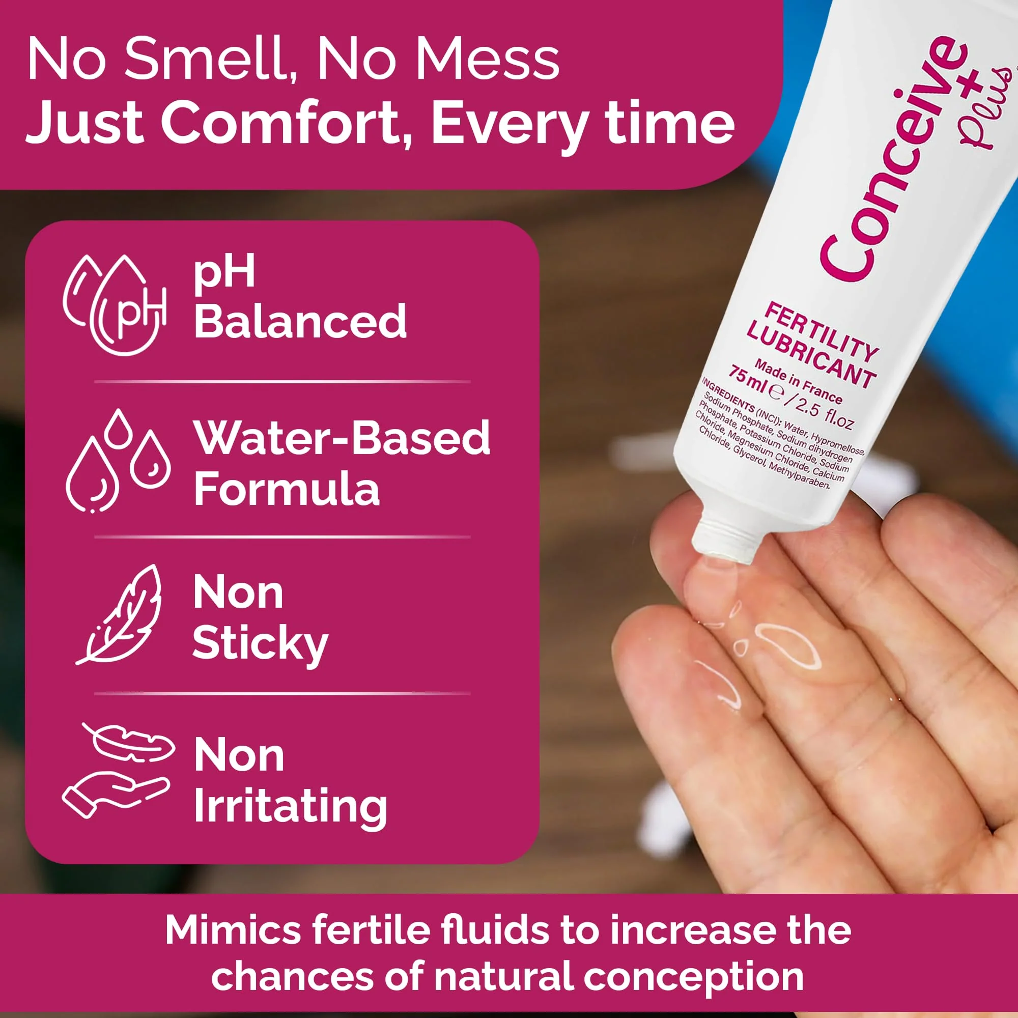 Conceive Plus Fertility Lubricant for TTC Couples – pH Balanced, Sperm Friendly Gel with Magnesium and Calcium – Water Based Fertility Lube – 2.5 oz Tube - Image 7