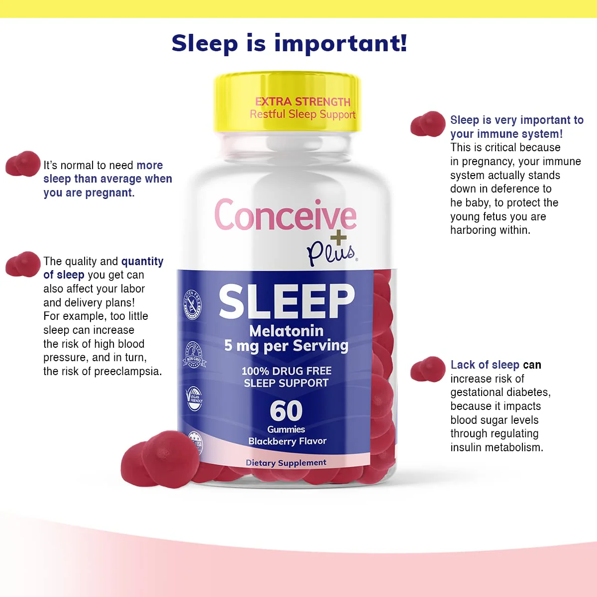 CONCEIVE PLUS Sleep Aid Gummy, 5 mg Melatonin, Supports Deep Restful Sleep, Non Habit-Forming - Delicious BlackBerry Flavor - Non-GMO Gluten-Free 60 Gummies - Image 7