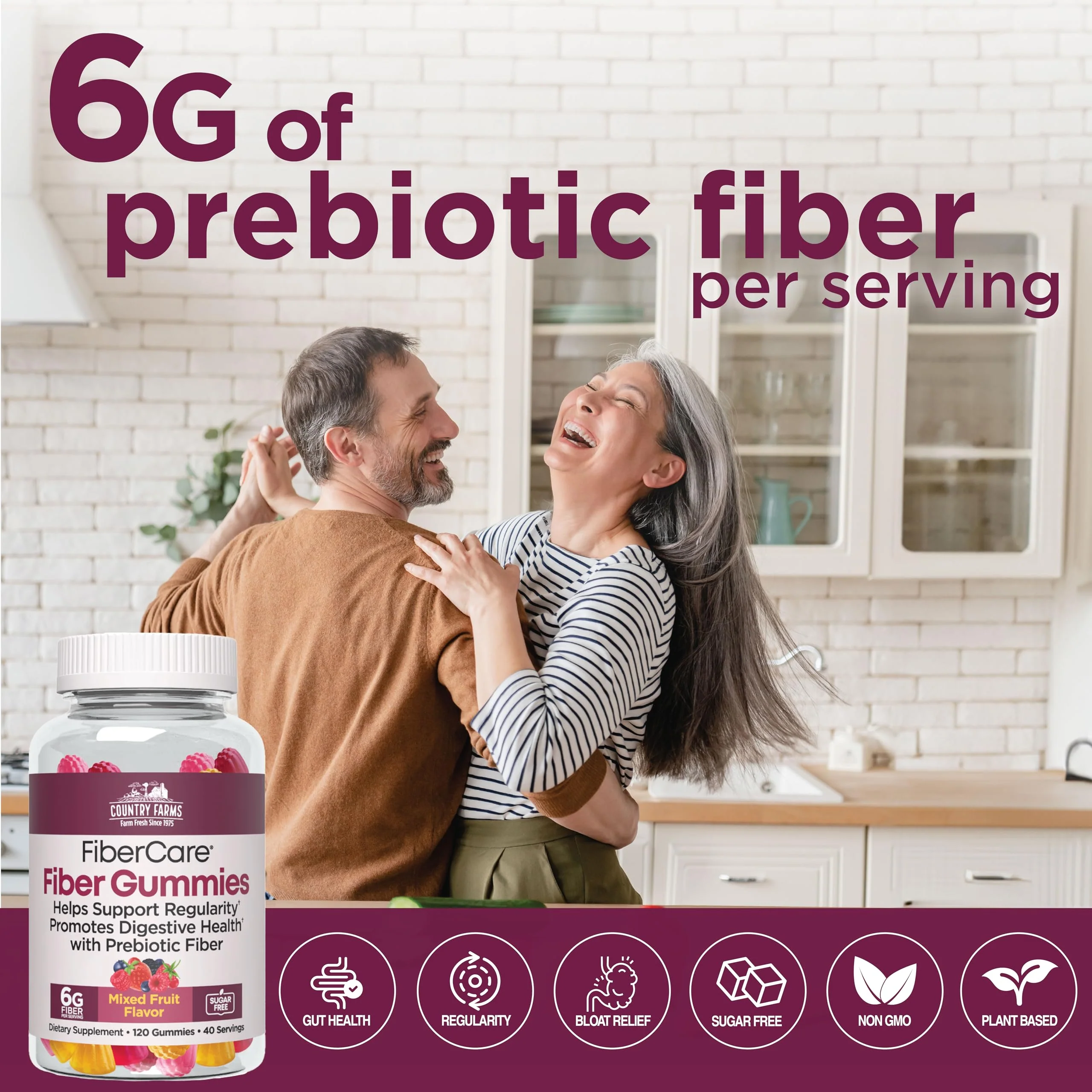 Country Farms Fiber Care Prebiotic Gummies, 6g of Fiber Per Serving, GLP-1 Booster, FOS from Beets, Digestive Health and Bloat, Supports Regularity, Mixed Fruit Flavor, 120 Gummies, 40 Servings - Image 5