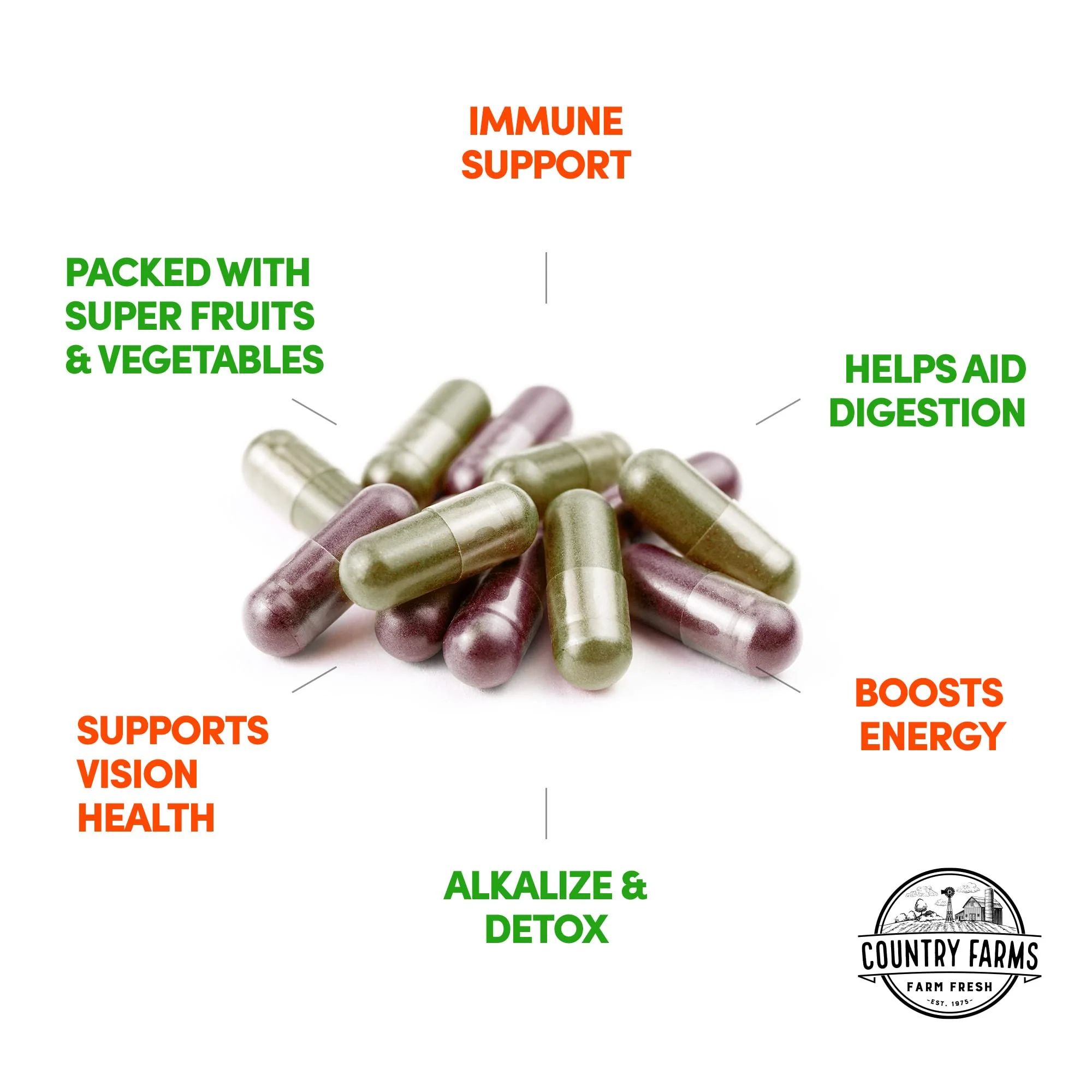 Country Farms Fruits and Vegetables Supplement, 180 Fruit and 180 Veggie Capsules, Greens and Reds Packed with Superfoods, Powerful Antioxidants, 60 Servings - Image 3