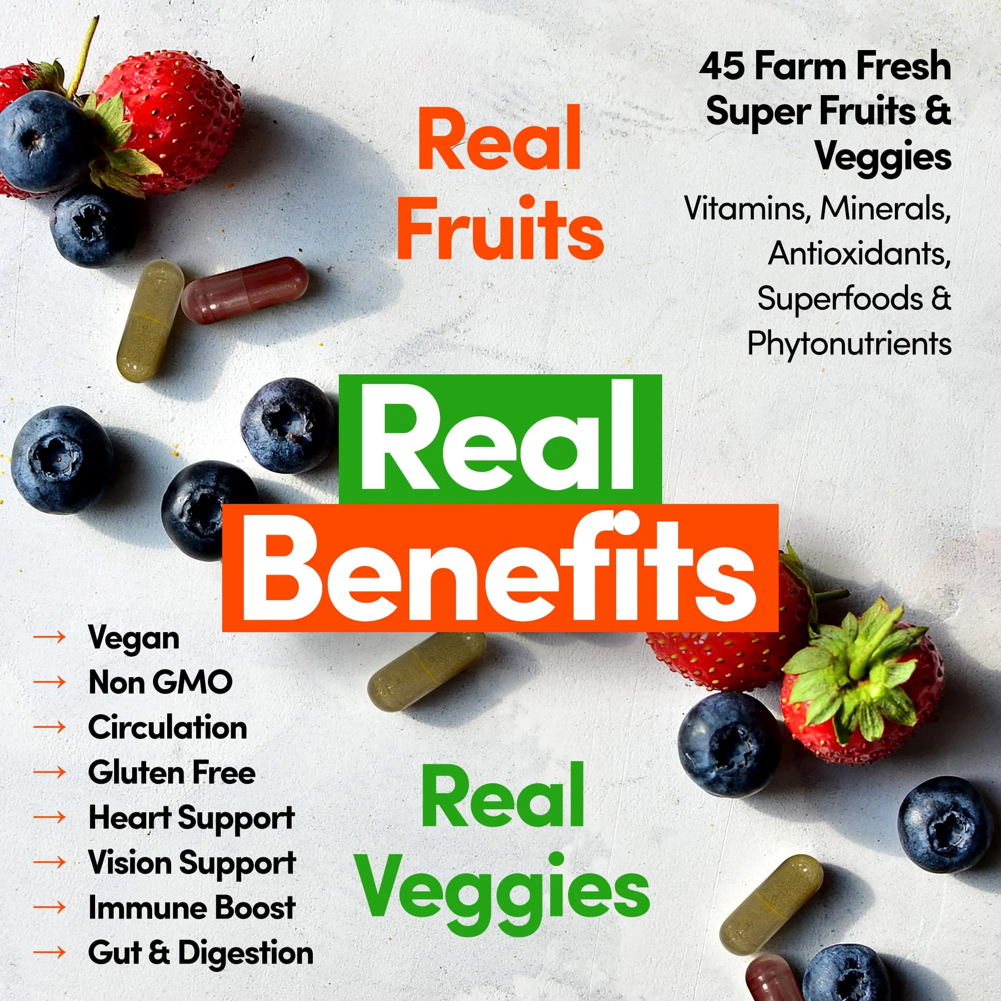 Country Farms Fruits and Vegetables Supplement, 180 Fruit and 180 Veggie Capsules, Greens and Reds Packed with Superfoods, Powerful Antioxidants, 60 Servings - Image 6