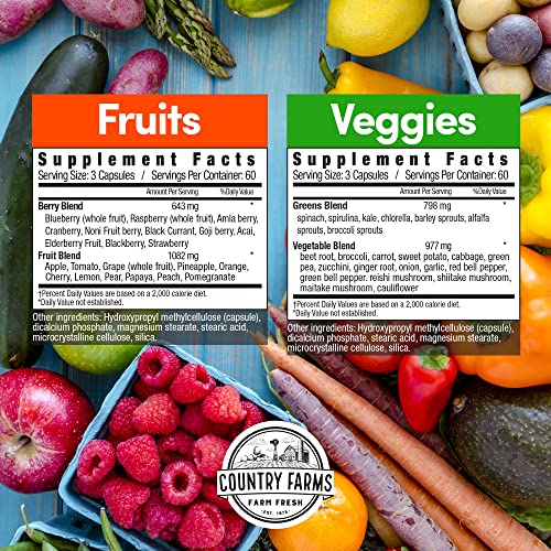 Country Farms Fruits and Vegetables Supplement, 180 Fruit and 180 Veggie Capsules, Greens and Reds Packed with Superfoods, Powerful Antioxidants, 60 Servings - Image 7