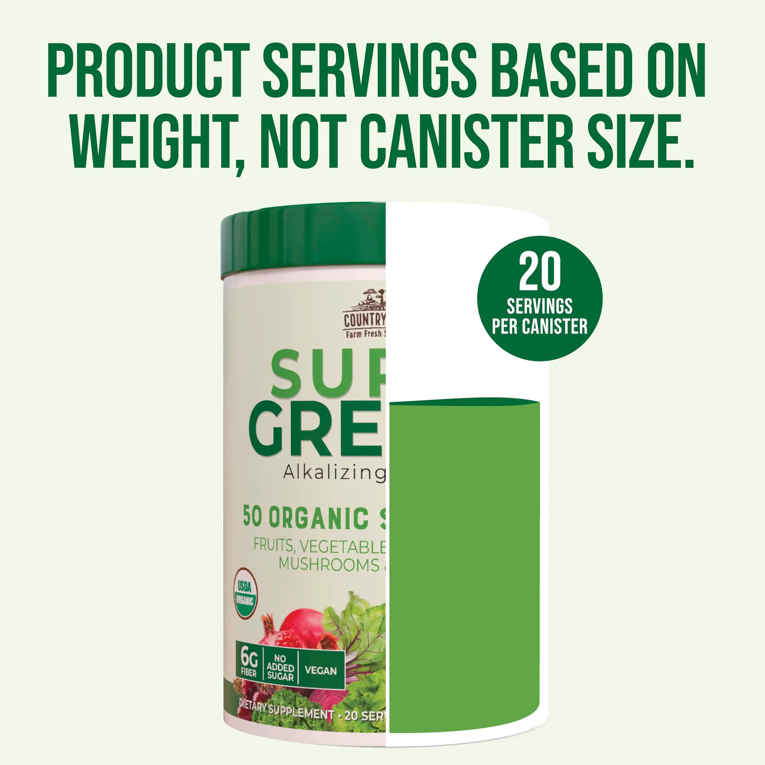 Country Farms Organic Super Greens Natural Flavor, 50 Organic Super Foods, Packed with Fiber, USDA Organic Drink Mix, Fruits, Vegetables, Mushrooms & Probiotics, Supports Energy, 6g Fiber - Image 2