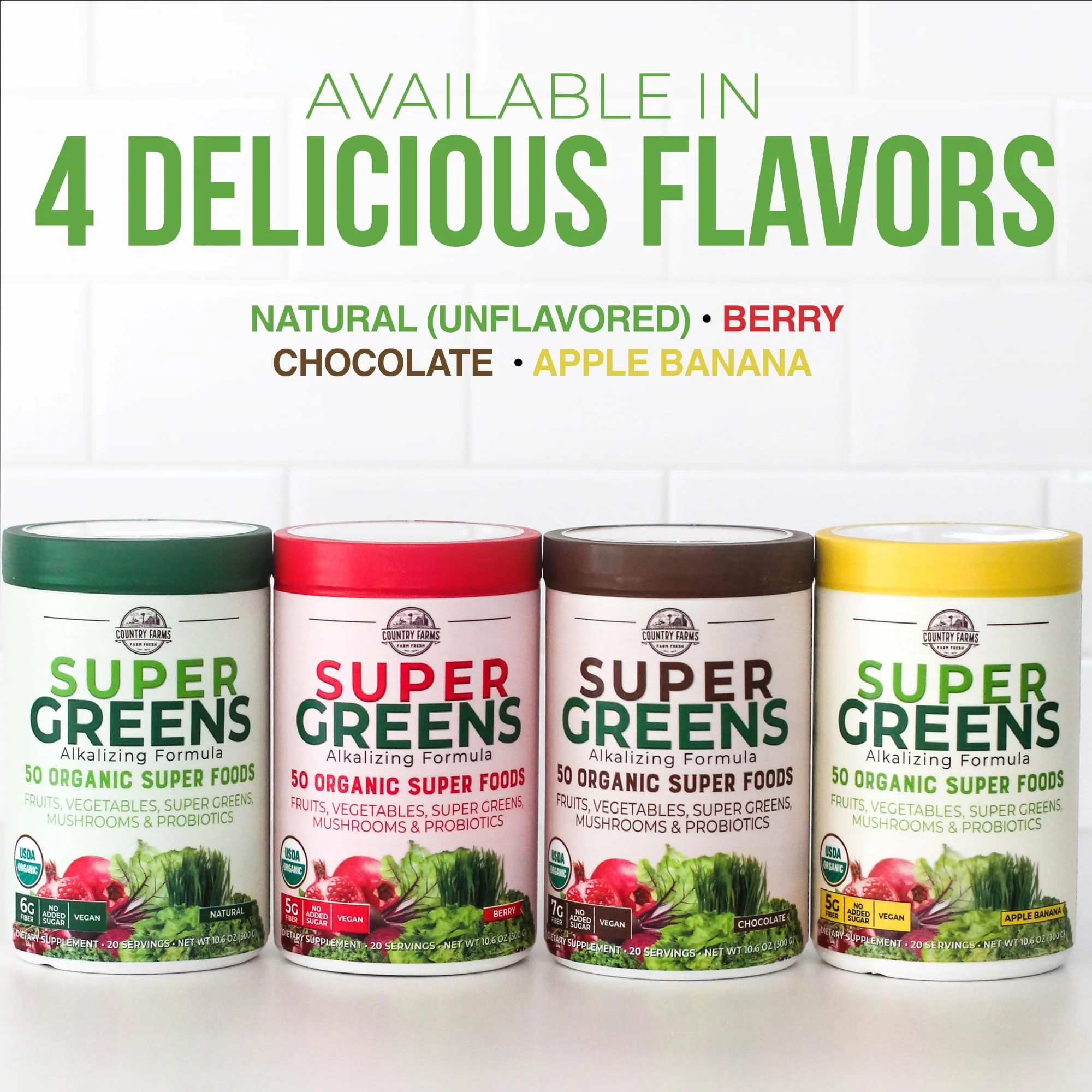 Country Farms Organic Super Greens Natural Flavor, 50 Organic Super Foods, Packed with Fiber, USDA Organic Drink Mix, Fruits, Vegetables, Mushrooms & Probiotics, Supports Energy, 6g Fiber - Image 3