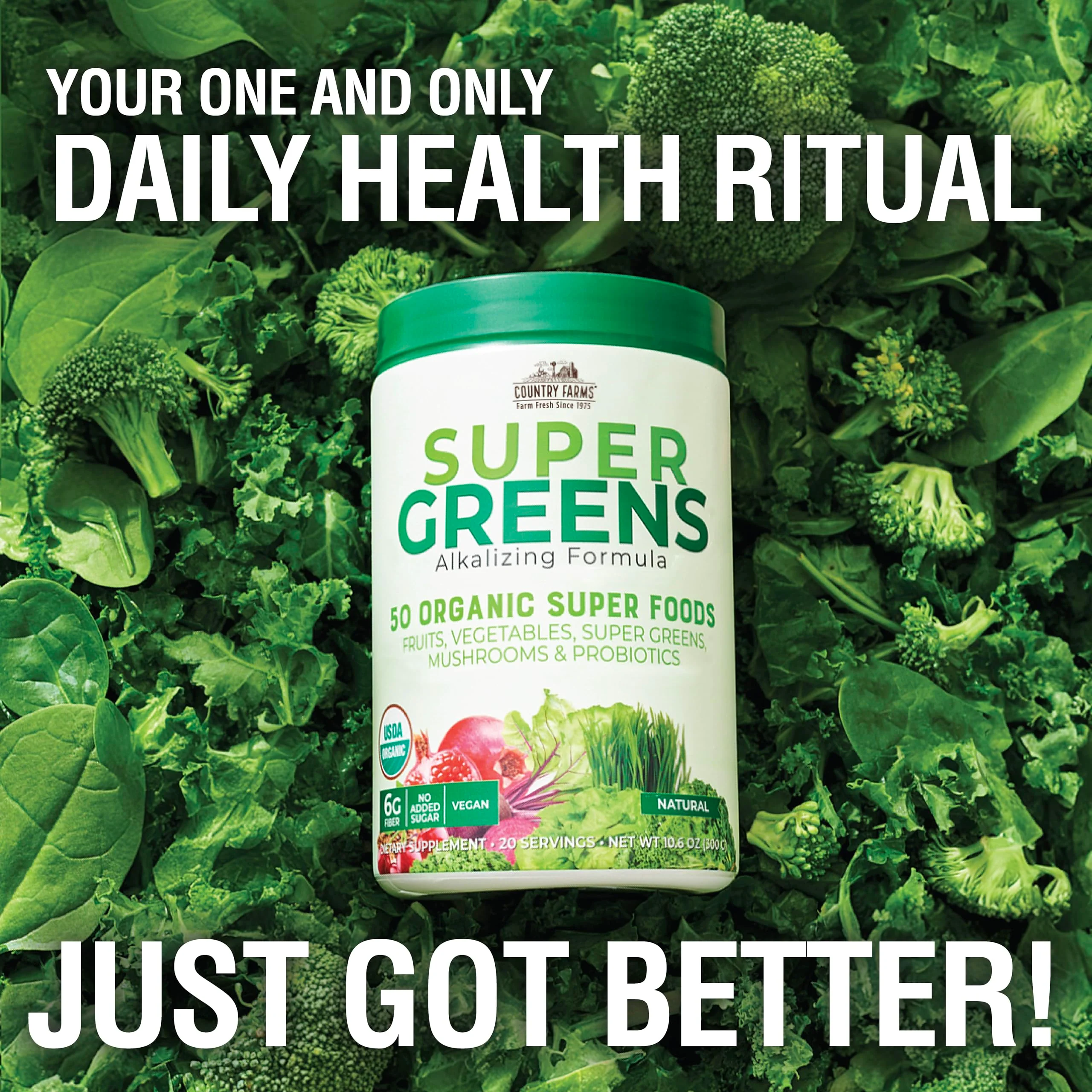 Country Farms Organic Super Greens Natural Flavor, 50 Organic Super Foods, Packed with Fiber, USDA Organic Drink Mix, Fruits, Vegetables, Mushrooms & Probiotics, Supports Energy, 6g Fiber - Image 6