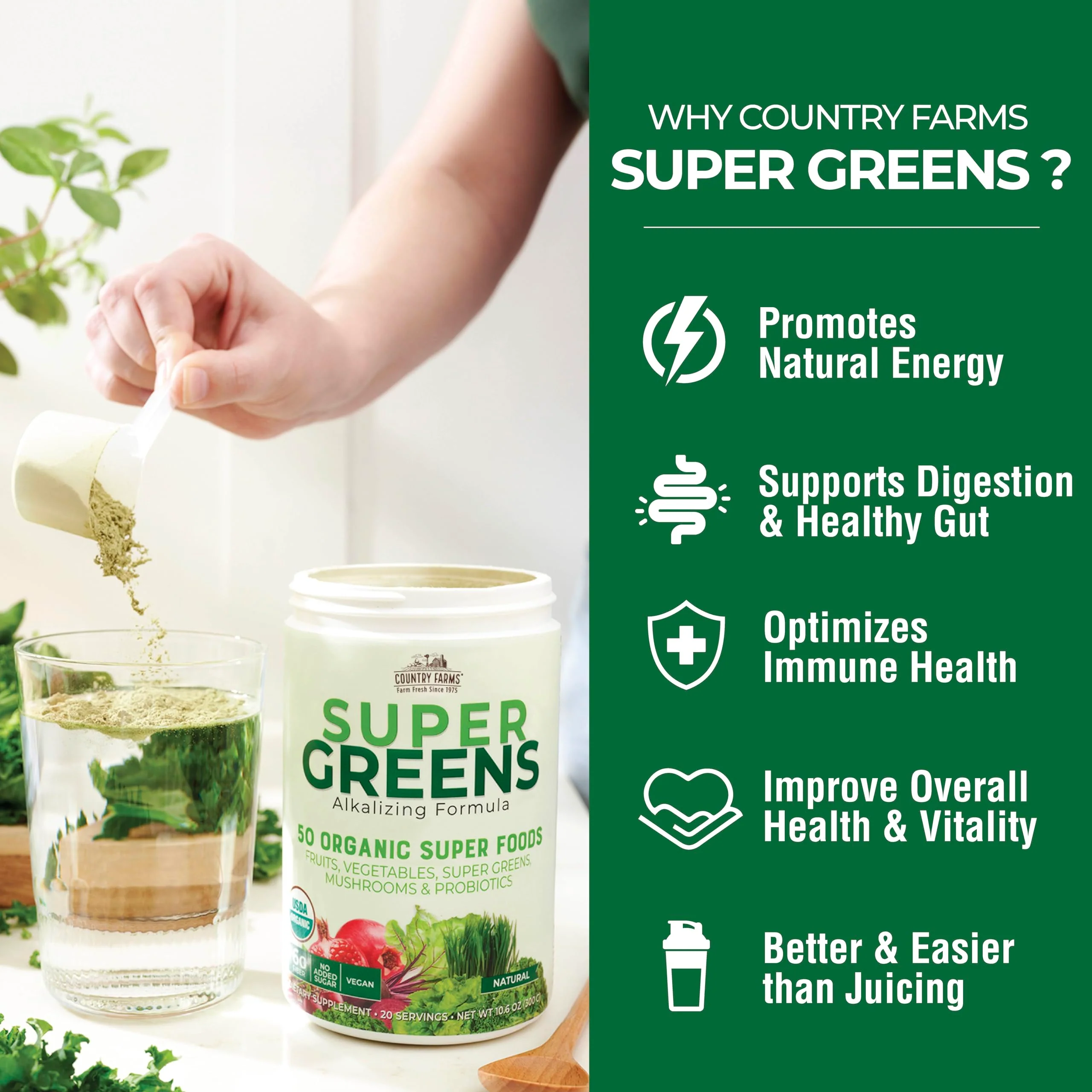 Country Farms Organic Super Greens Natural Flavor, 50 Organic Super Foods, Packed with Fiber, USDA Organic Drink Mix, Fruits, Vegetables, Mushrooms & Probiotics, Supports Energy, 6g Fiber - Image 7